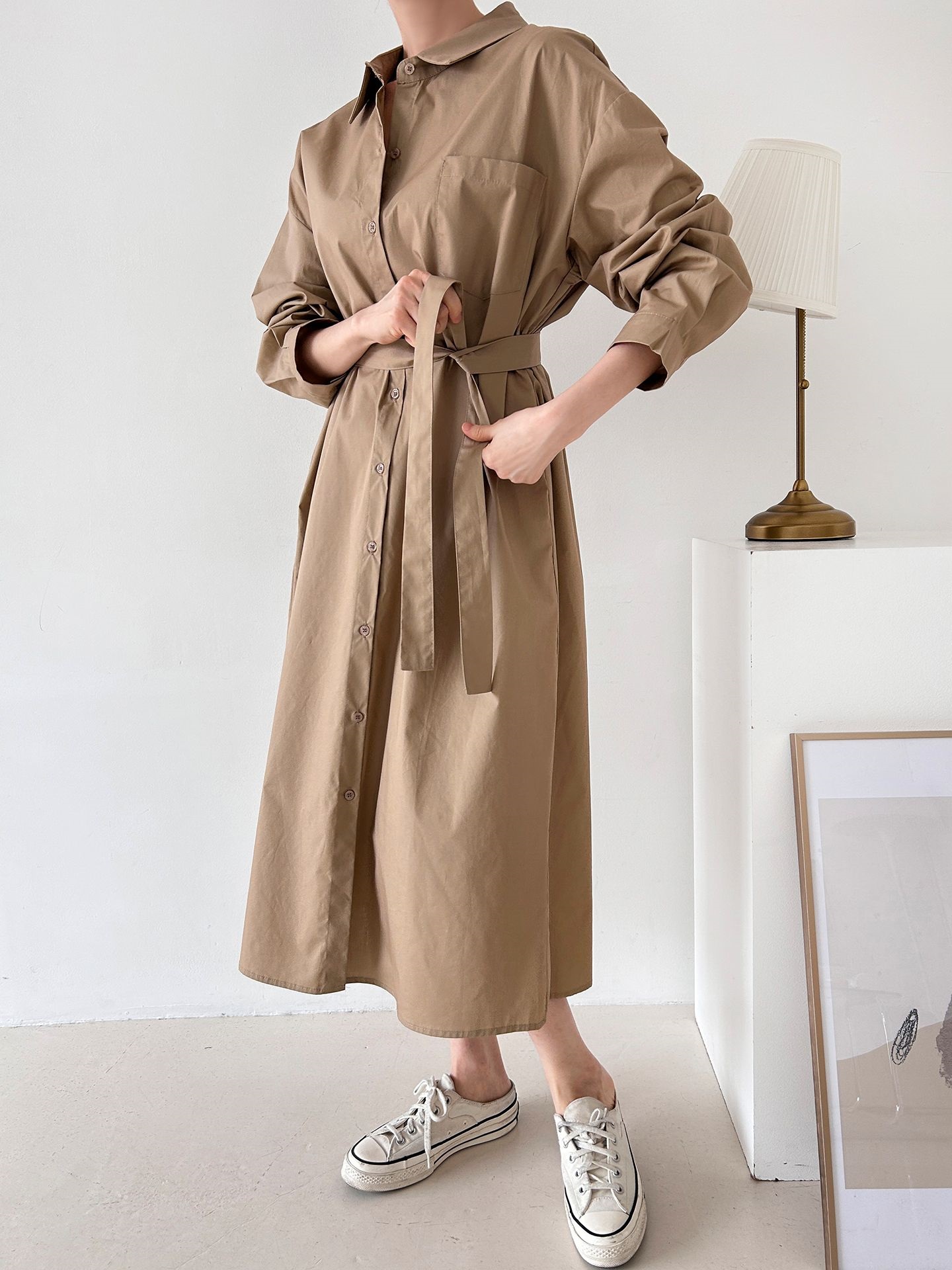 コットンオーバーサイズロング長袖ワンポケットボタンスリーブドロップショルダー無地シャツワンピースストラップ付 | 詳細画像2