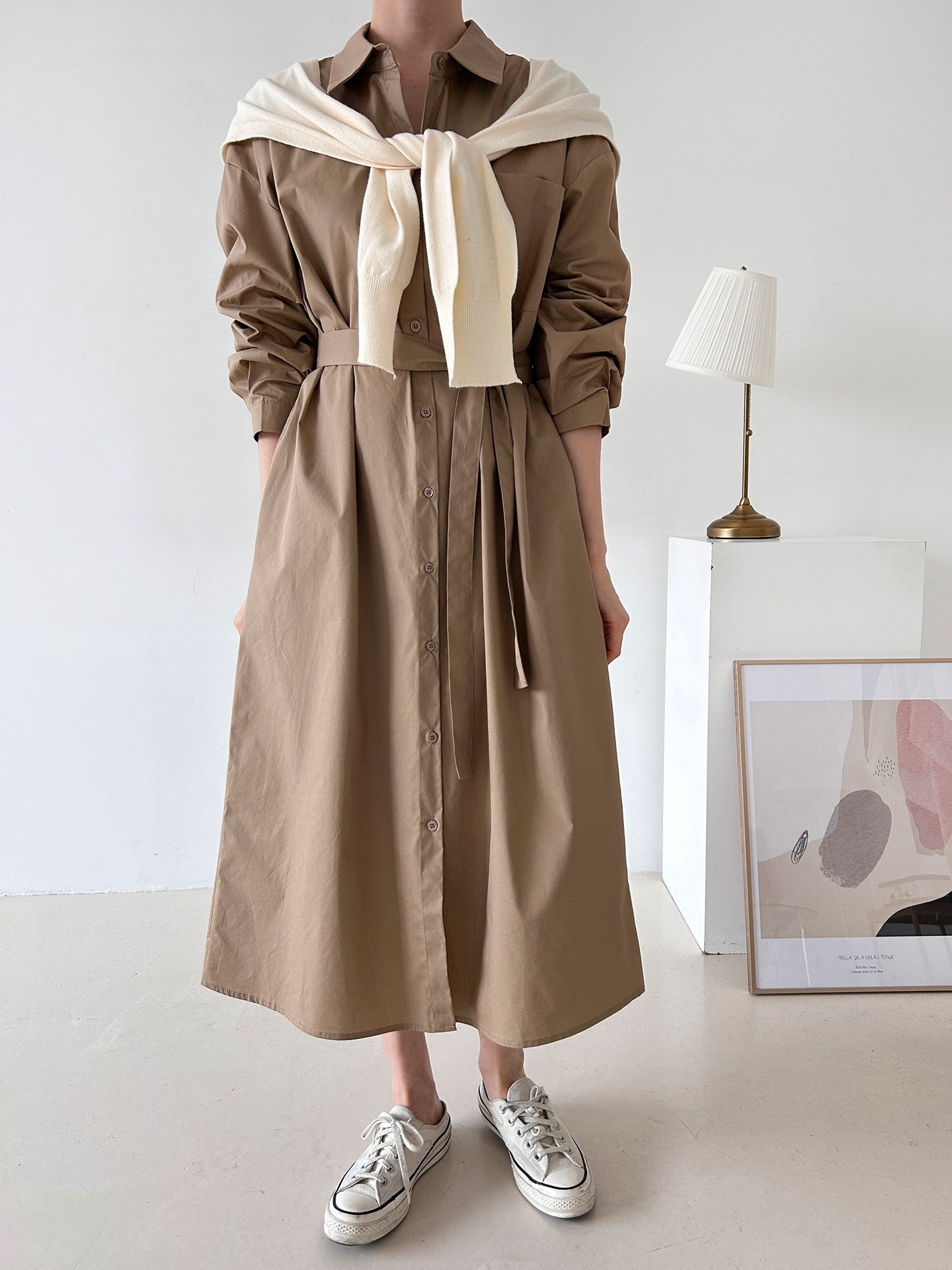コットンオーバーサイズロング長袖ワンポケットボタンスリーブドロップショルダー無地シャツワンピースストラップ付 | 詳細画像3