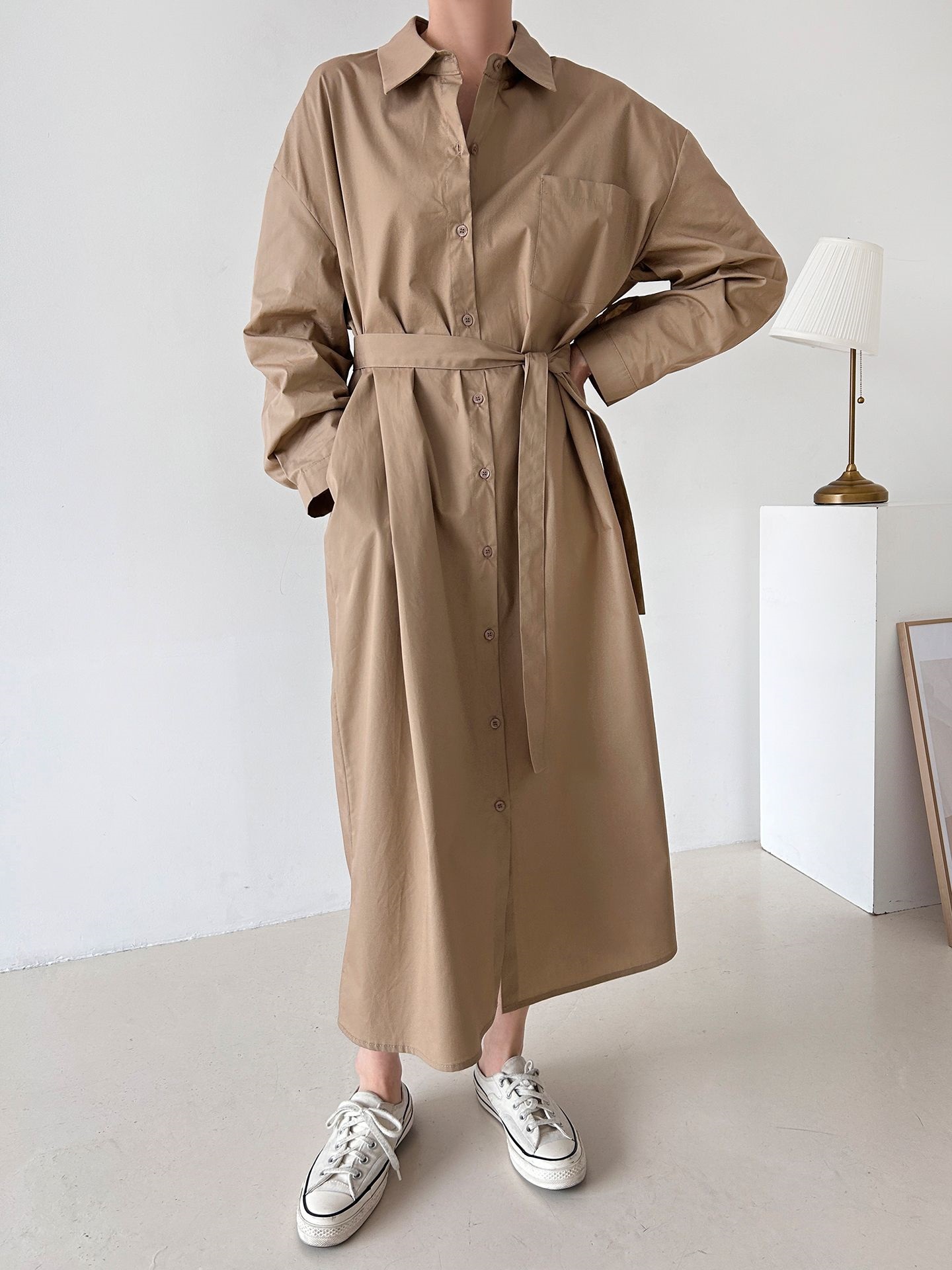コットンオーバーサイズロング長袖ワンポケットボタンスリーブドロップショルダー無地シャツワンピースストラップ付 | 詳細画像4