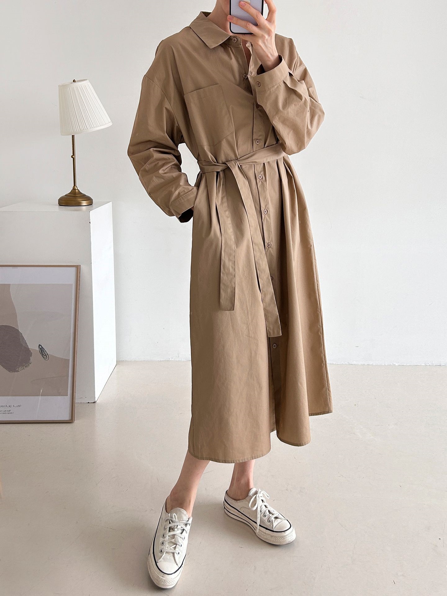 コットンオーバーサイズロング長袖ワンポケットボタンスリーブドロップショルダー無地シャツワンピースストラップ付 | 詳細画像5