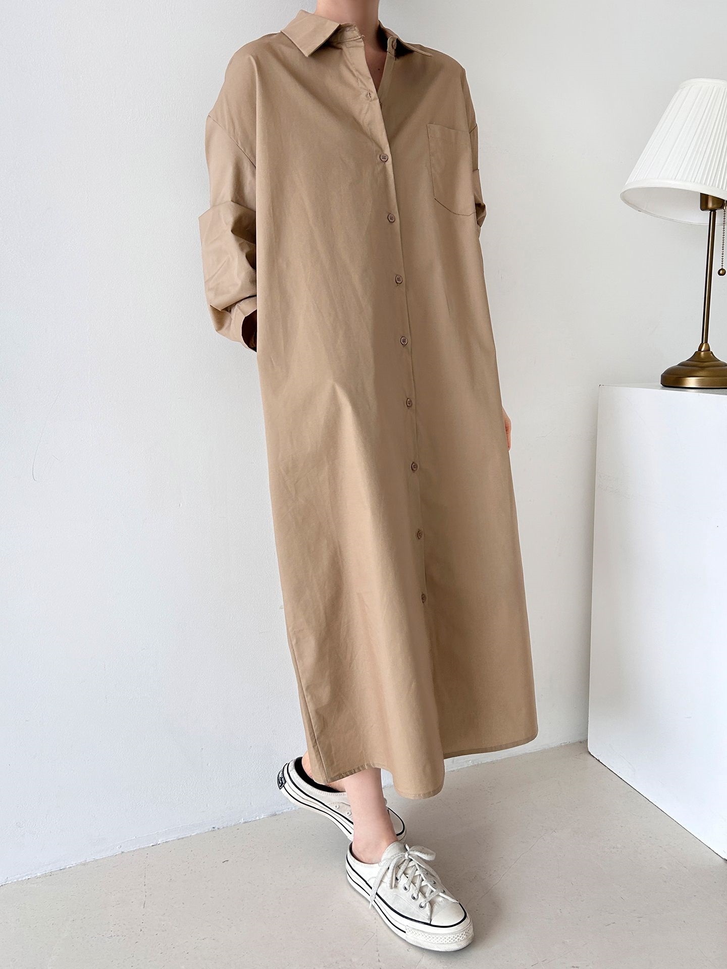 コットンオーバーサイズロング長袖ワンポケットボタンスリーブドロップショルダー無地シャツワンピースストラップ付 | 詳細画像6