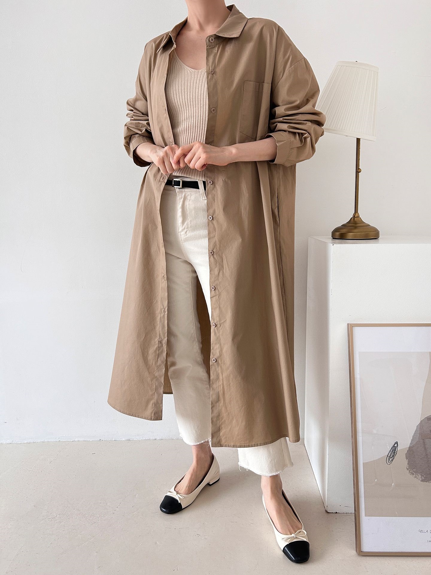 コットンオーバーサイズロング長袖ワンポケットボタンスリーブドロップショルダー無地シャツワンピースストラップ付 | 詳細画像7