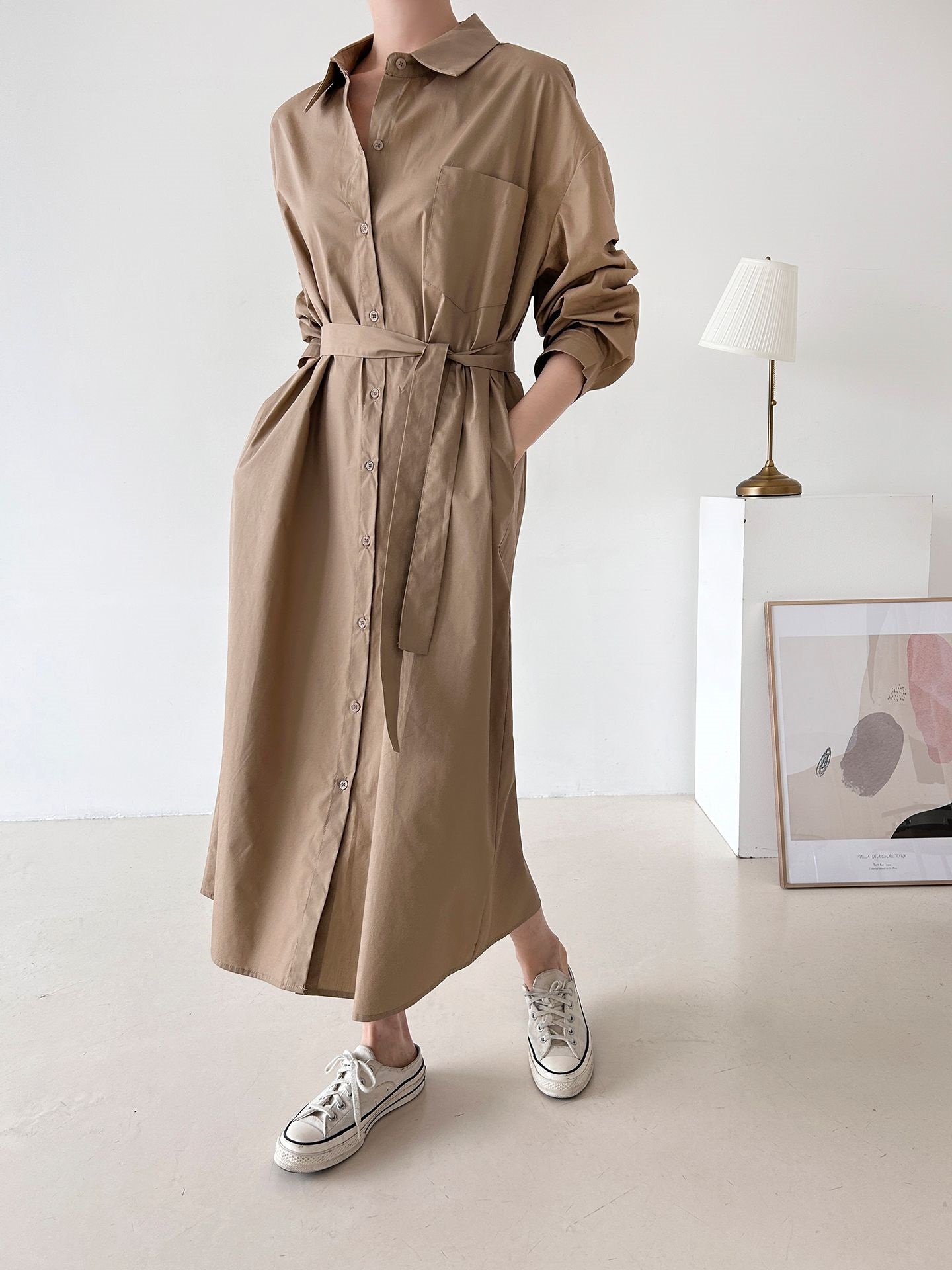 コットンオーバーサイズロング長袖ワンポケットボタンスリーブドロップショルダー無地シャツワンピースストラップ付 | 詳細画像8