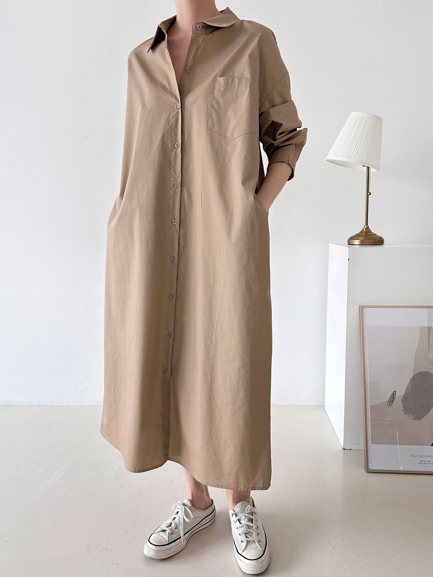 コットンオーバーサイズロング長袖ワンポケットボタンスリーブドロップショルダー無地シャツワンピースストラップ付 | 詳細画像9