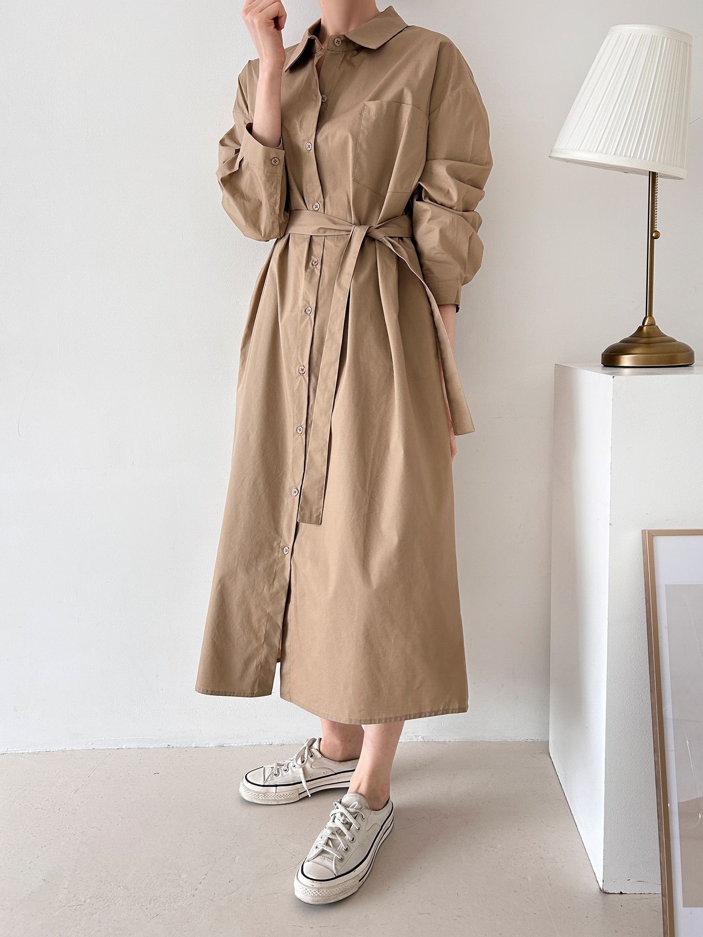 コットンオーバーサイズロング長袖ワンポケットボタンスリーブドロップショルダー無地シャツワンピースストラップ付 | 詳細画像10