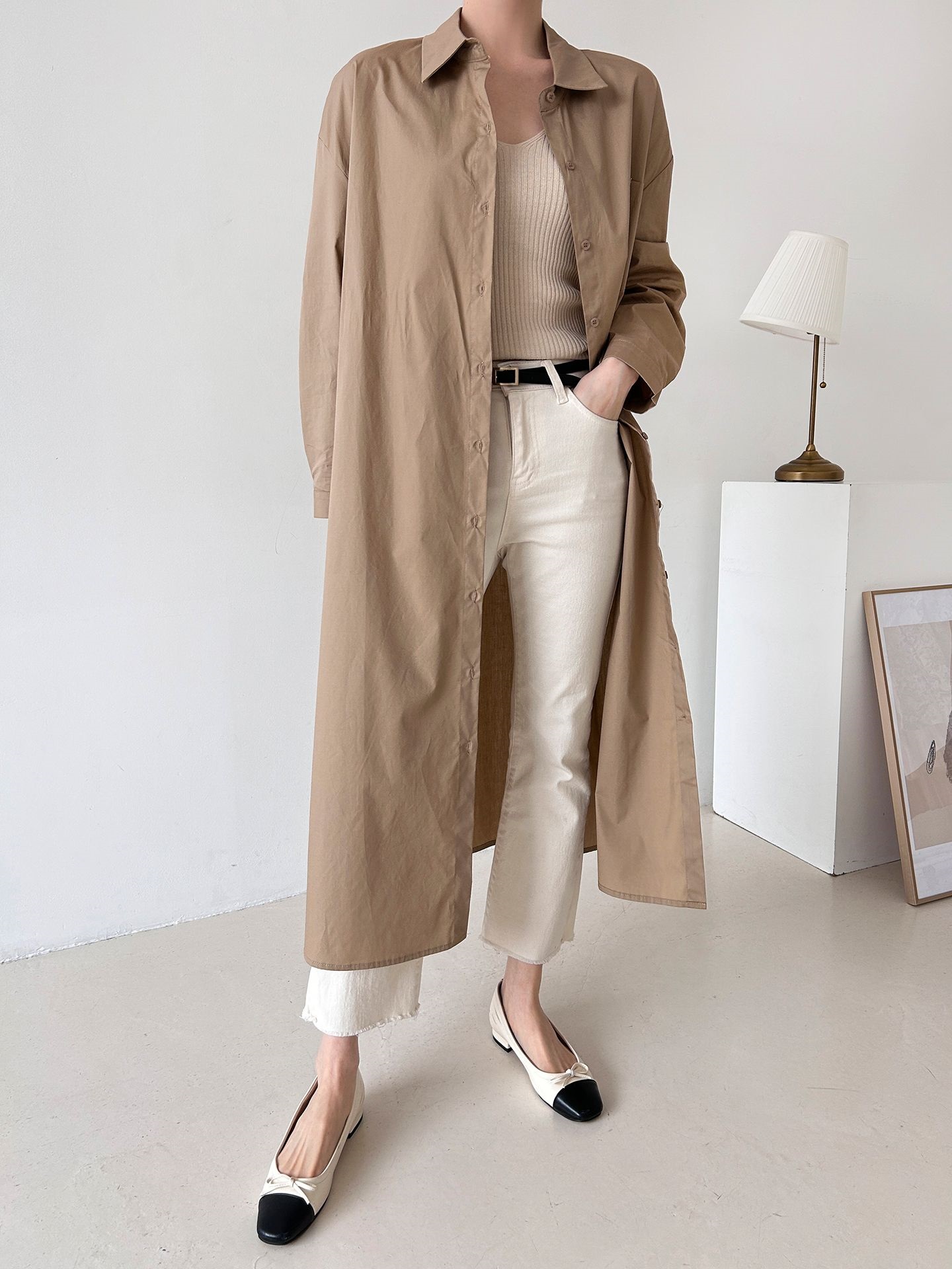 コットンオーバーサイズロング長袖ワンポケットボタンスリーブドロップショルダー無地シャツワンピースストラップ付 | 詳細画像11