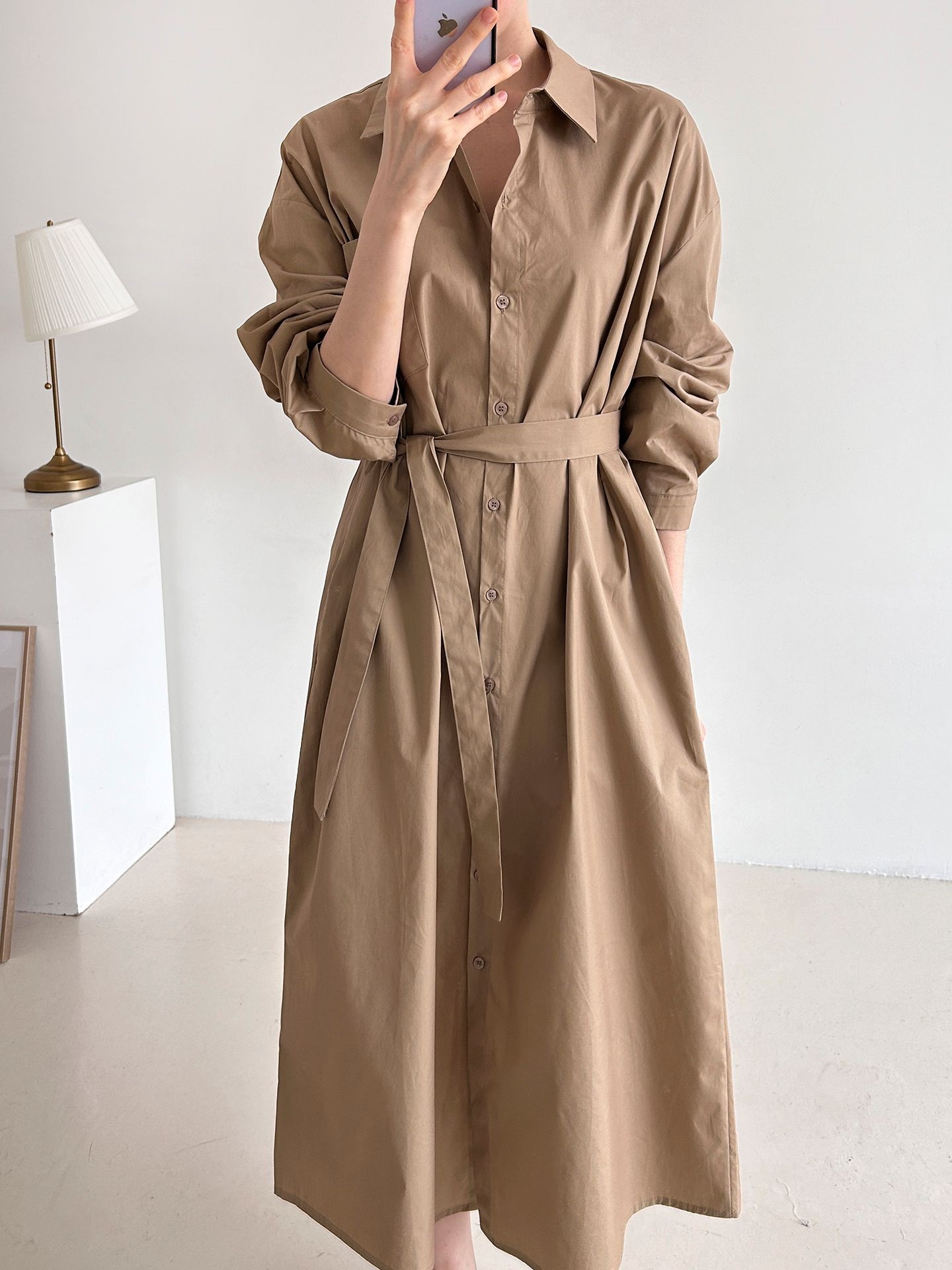 コットンオーバーサイズロング長袖ワンポケットボタンスリーブドロップショルダー無地シャツワンピースストラップ付 | 詳細画像12