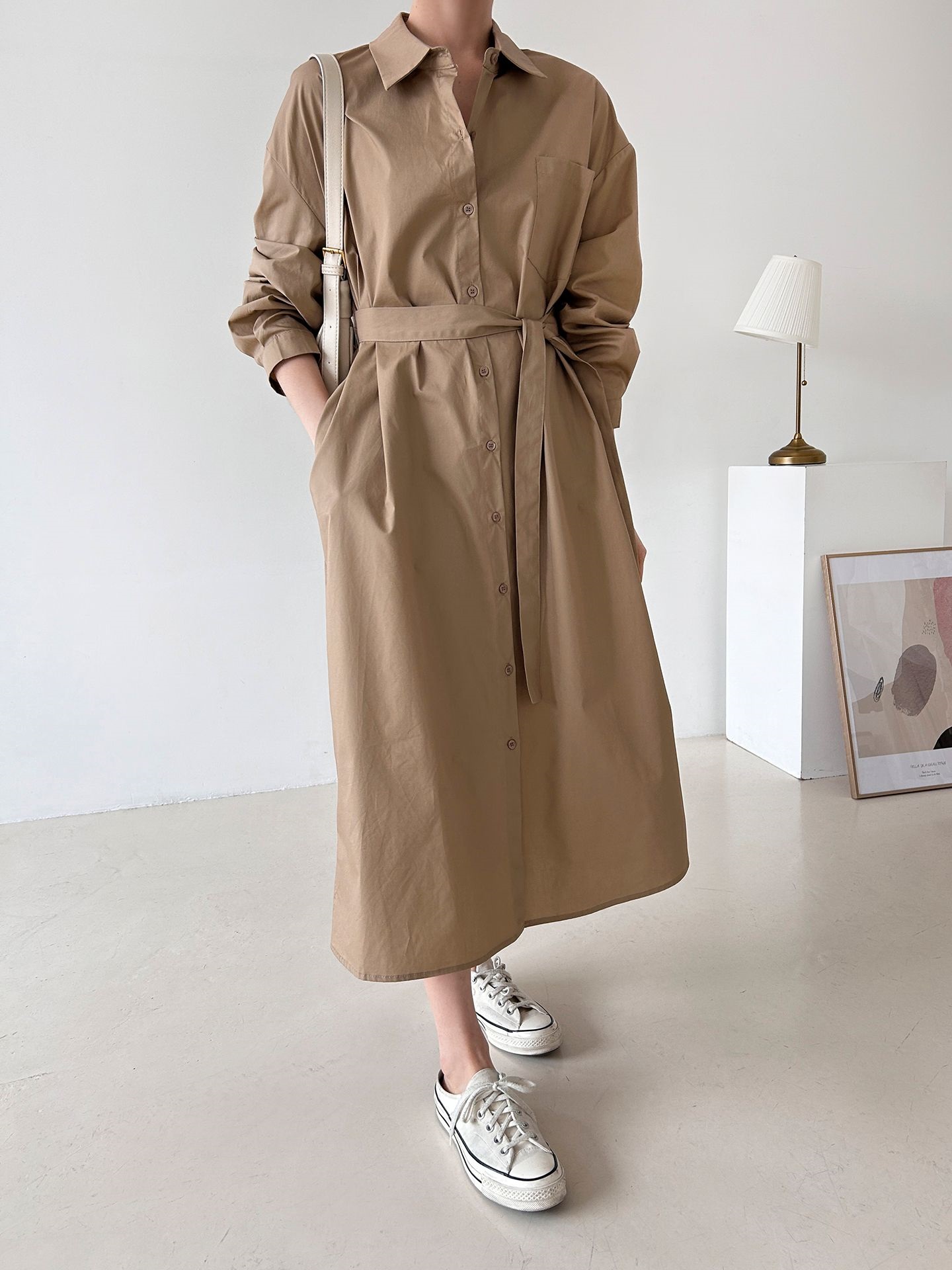 コットンオーバーサイズロング長袖ワンポケットボタンスリーブドロップショルダー無地シャツワンピースストラップ付 | 詳細画像13