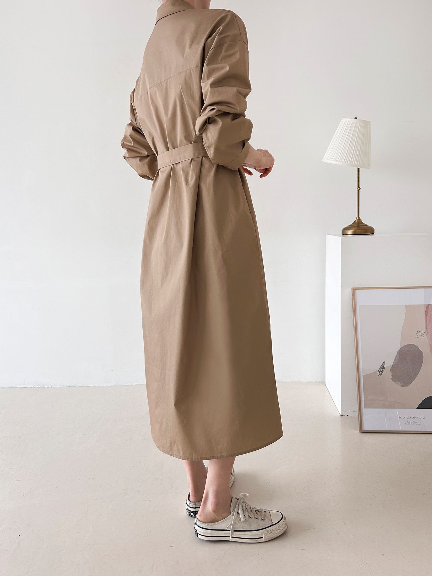 コットンオーバーサイズロング長袖ワンポケットボタンスリーブドロップショルダー無地シャツワンピースストラップ付 | 詳細画像14