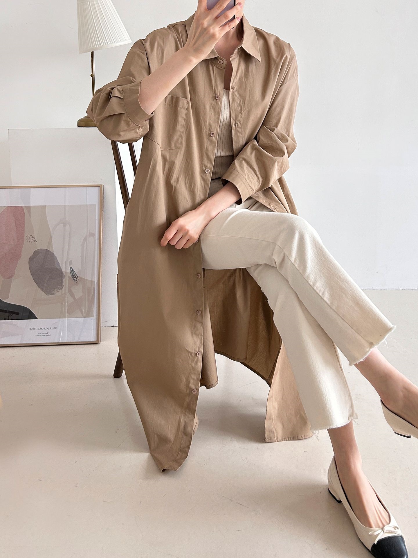 コットンオーバーサイズロング長袖ワンポケットボタンスリーブドロップショルダー無地シャツワンピースストラップ付 | 詳細画像15