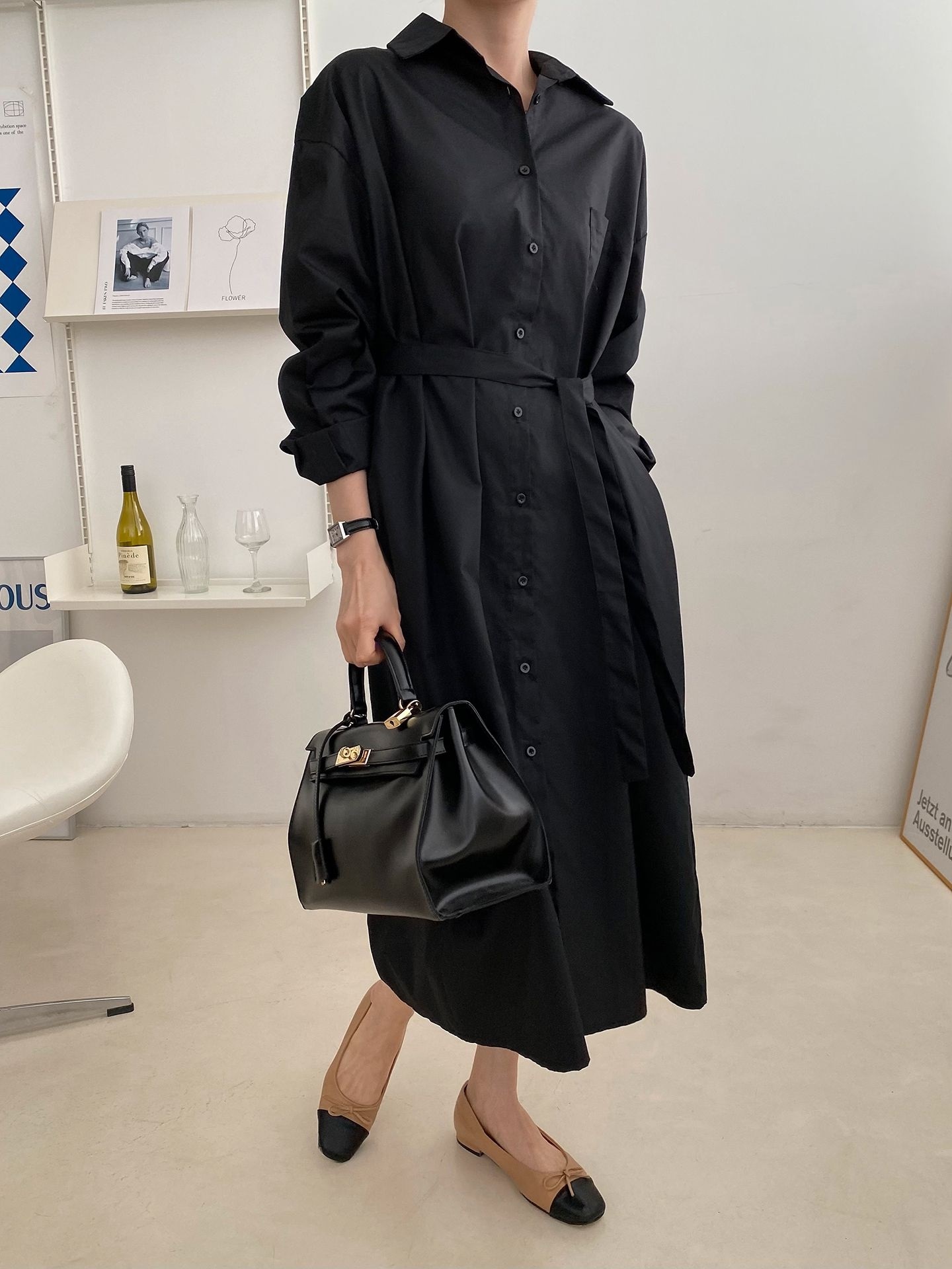 コットンオーバーサイズロング長袖ワンポケットボタンスリーブドロップショルダー無地シャツワンピースストラップ付 | 詳細画像16