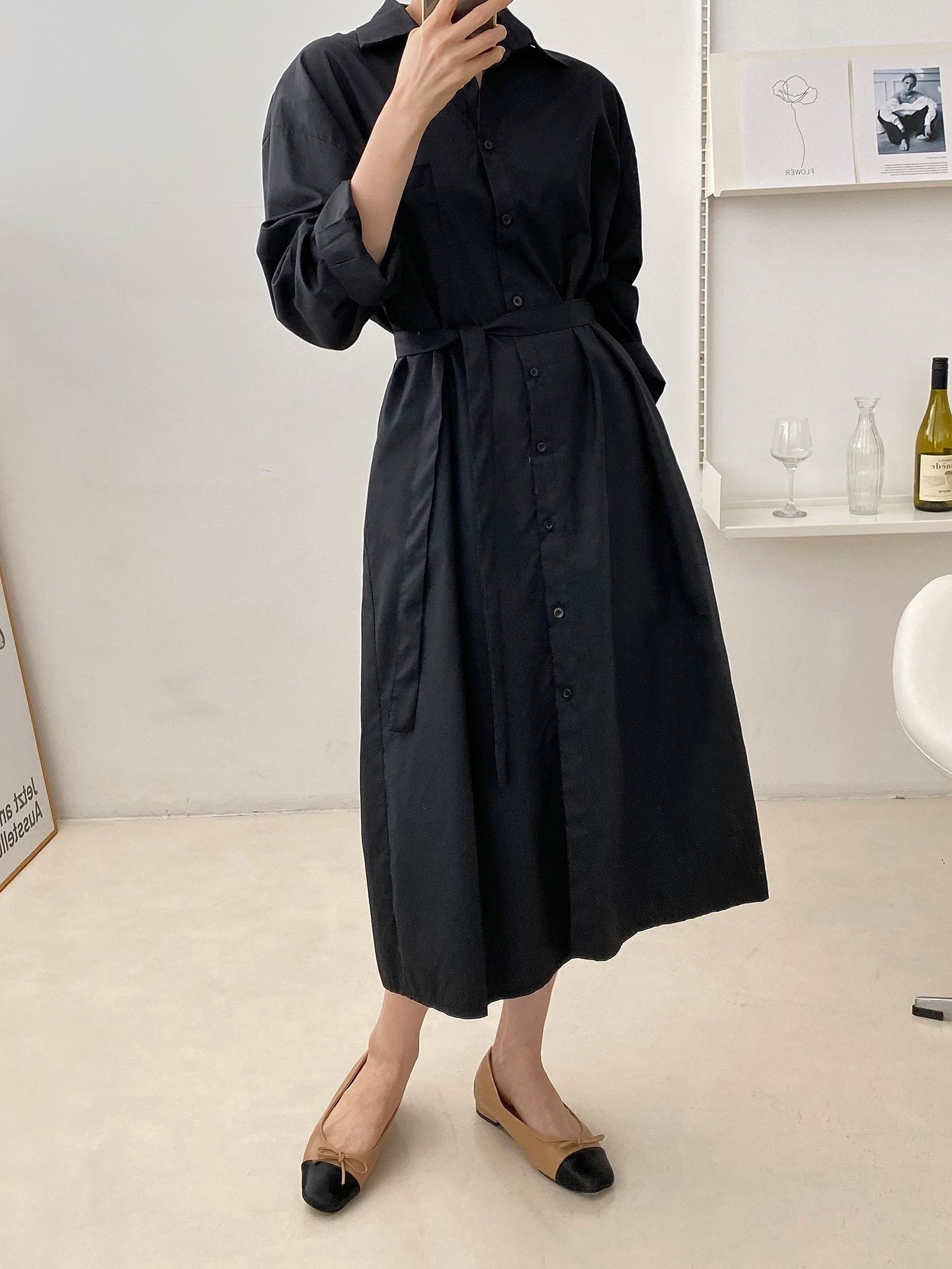 コットンオーバーサイズロング長袖ワンポケットボタンスリーブドロップショルダー無地シャツワンピースストラップ付 | 詳細画像17