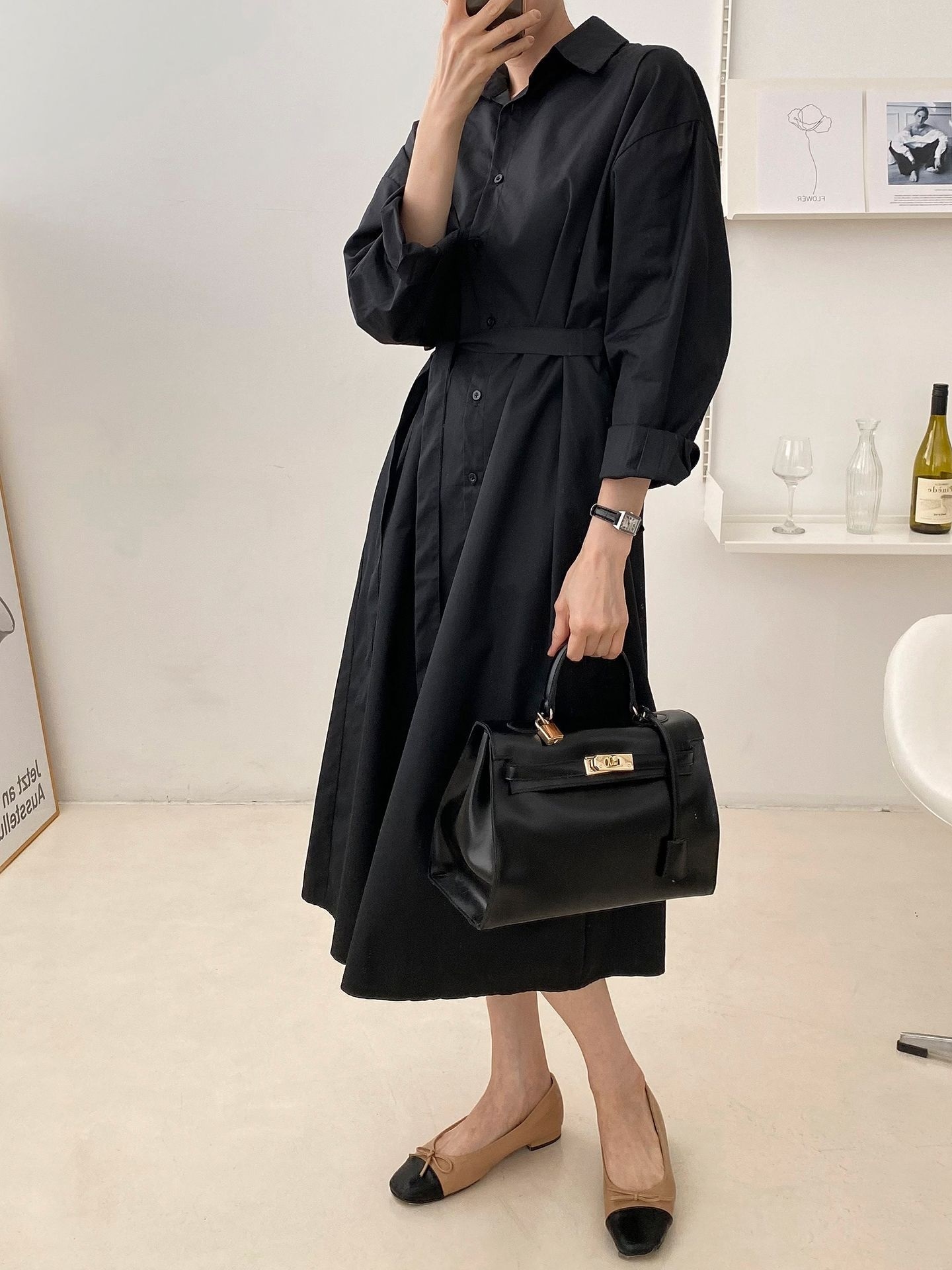 コットンオーバーサイズロング長袖ワンポケットボタンスリーブドロップショルダー無地シャツワンピースストラップ付 | 詳細画像18