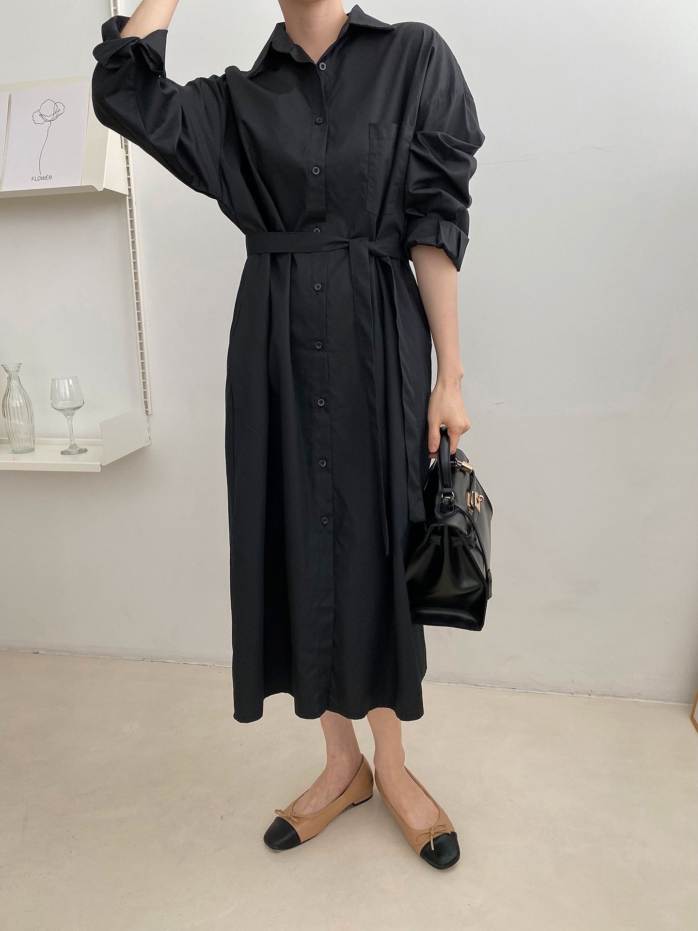 コットンオーバーサイズロング長袖ワンポケットボタンスリーブドロップショルダー無地シャツワンピースストラップ付 | 詳細画像19