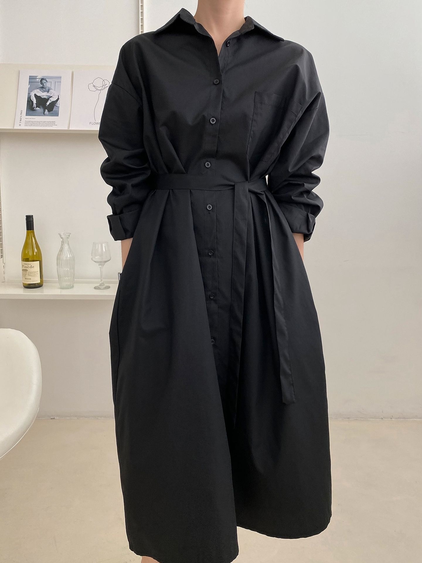 コットンオーバーサイズロング長袖ワンポケットボタンスリーブドロップショルダー無地シャツワンピースストラップ付 | 詳細画像20