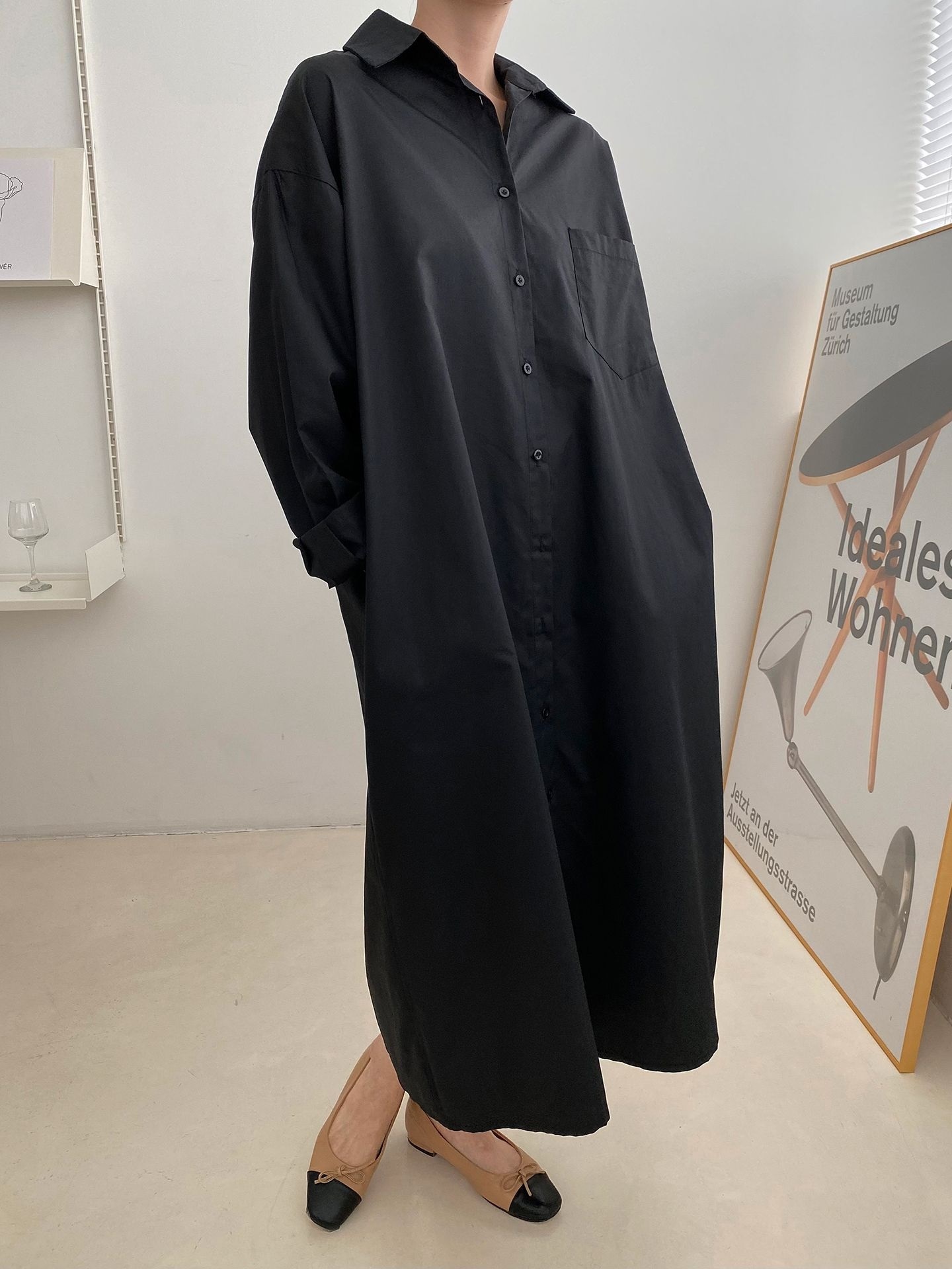 コットンオーバーサイズロング長袖ワンポケットボタンスリーブドロップショルダー無地シャツワンピースストラップ付 | 詳細画像22