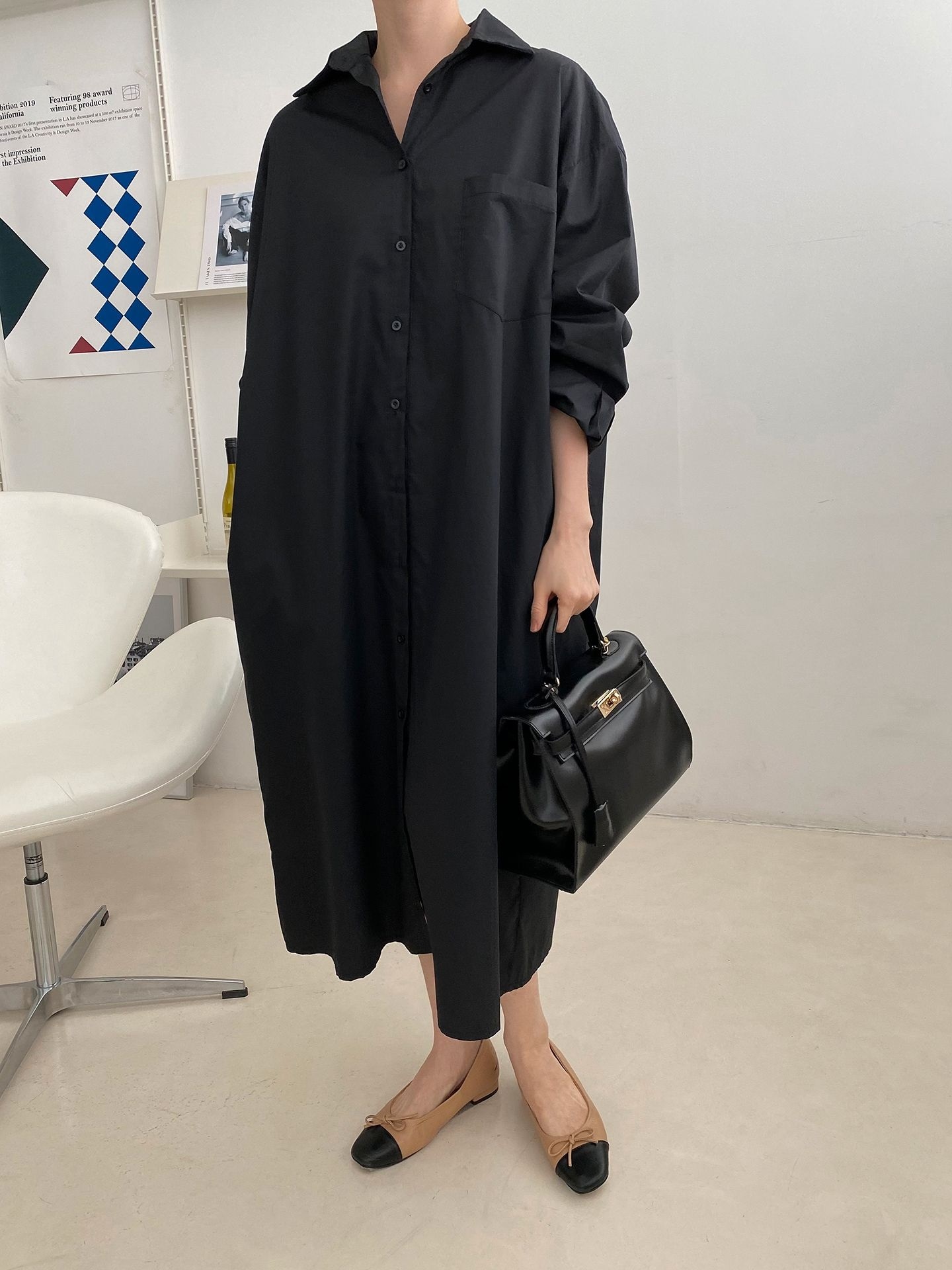 コットンオーバーサイズロング長袖ワンポケットボタンスリーブドロップショルダー無地シャツワンピースストラップ付 | 詳細画像23
