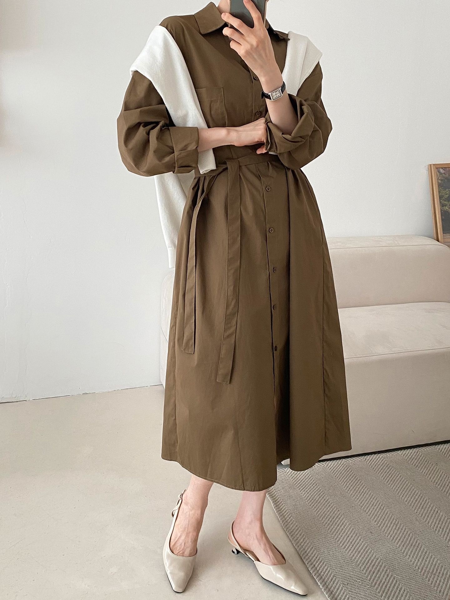 コットンオーバーサイズロング長袖ワンポケットボタンスリーブドロップショルダー無地シャツワンピースストラップ付 | 詳細画像25