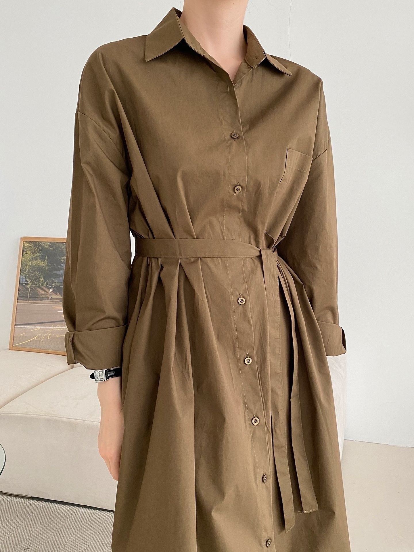 コットンオーバーサイズロング長袖ワンポケットボタンスリーブドロップショルダー無地シャツワンピースストラップ付 | 詳細画像26