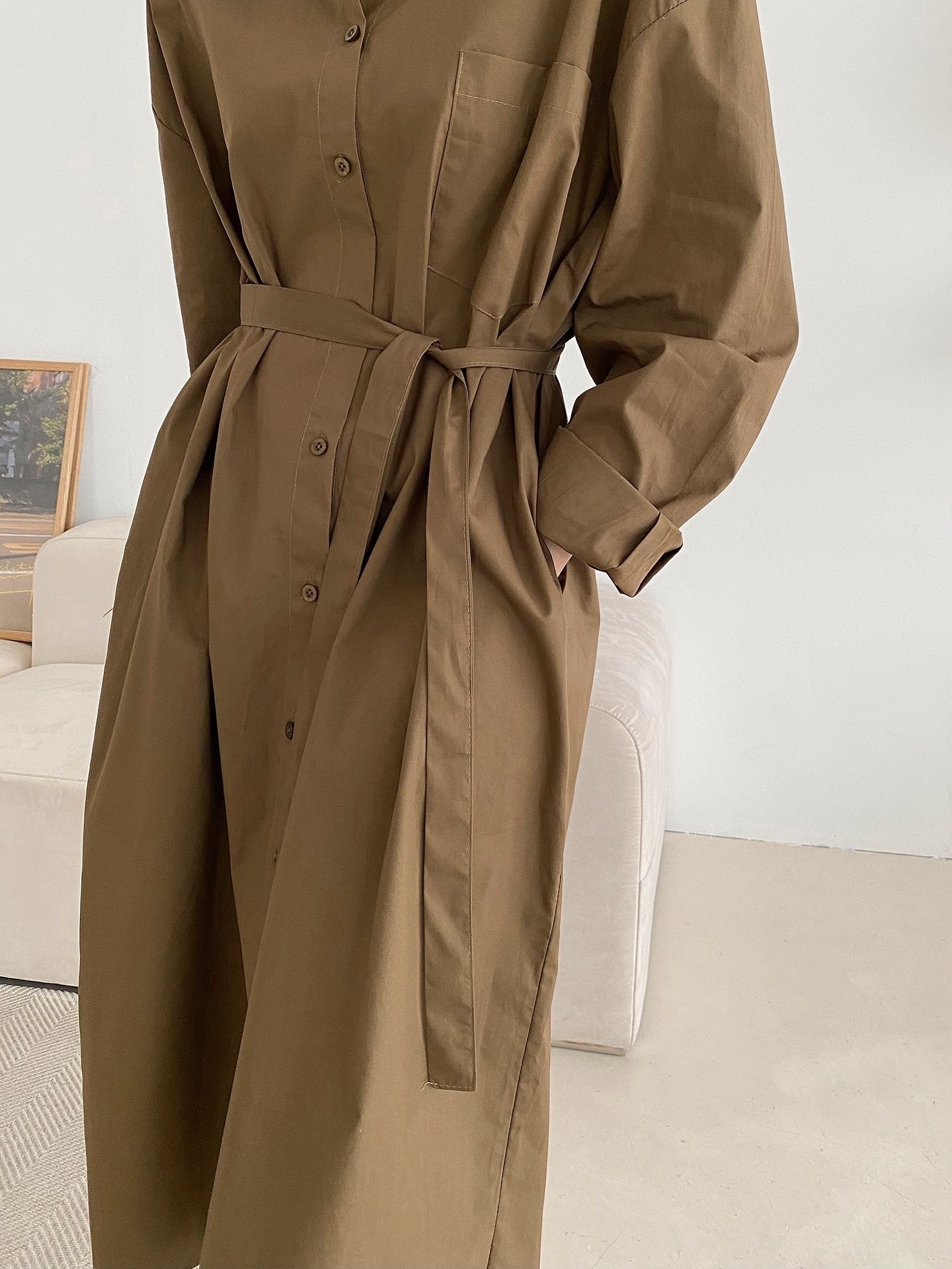 コットンオーバーサイズロング長袖ワンポケットボタンスリーブドロップショルダー無地シャツワンピースストラップ付 | 詳細画像27