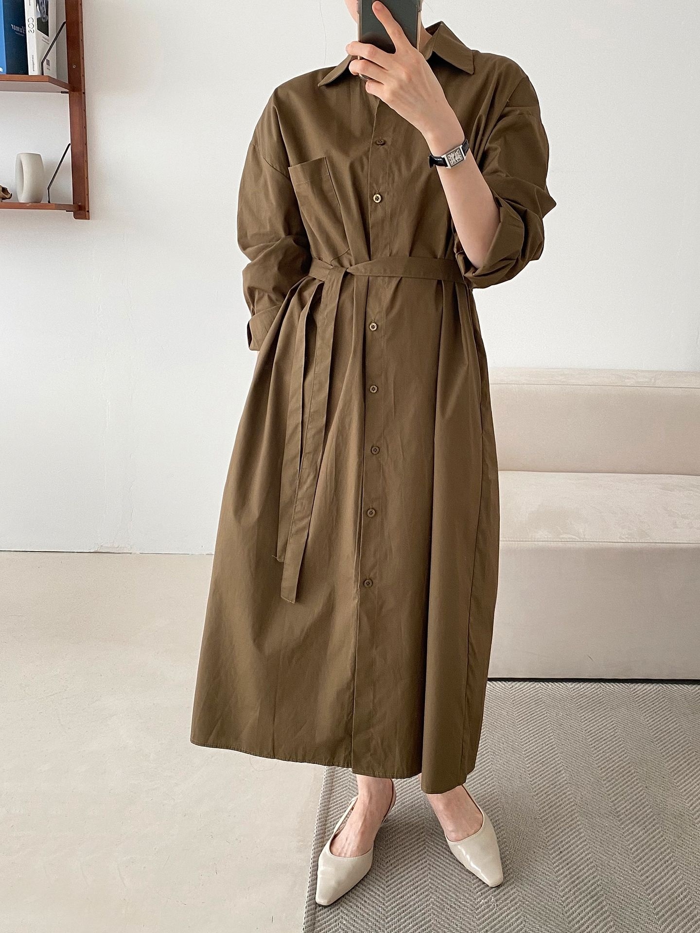コットンオーバーサイズロング長袖ワンポケットボタンスリーブドロップショルダー無地シャツワンピースストラップ付 | 詳細画像28