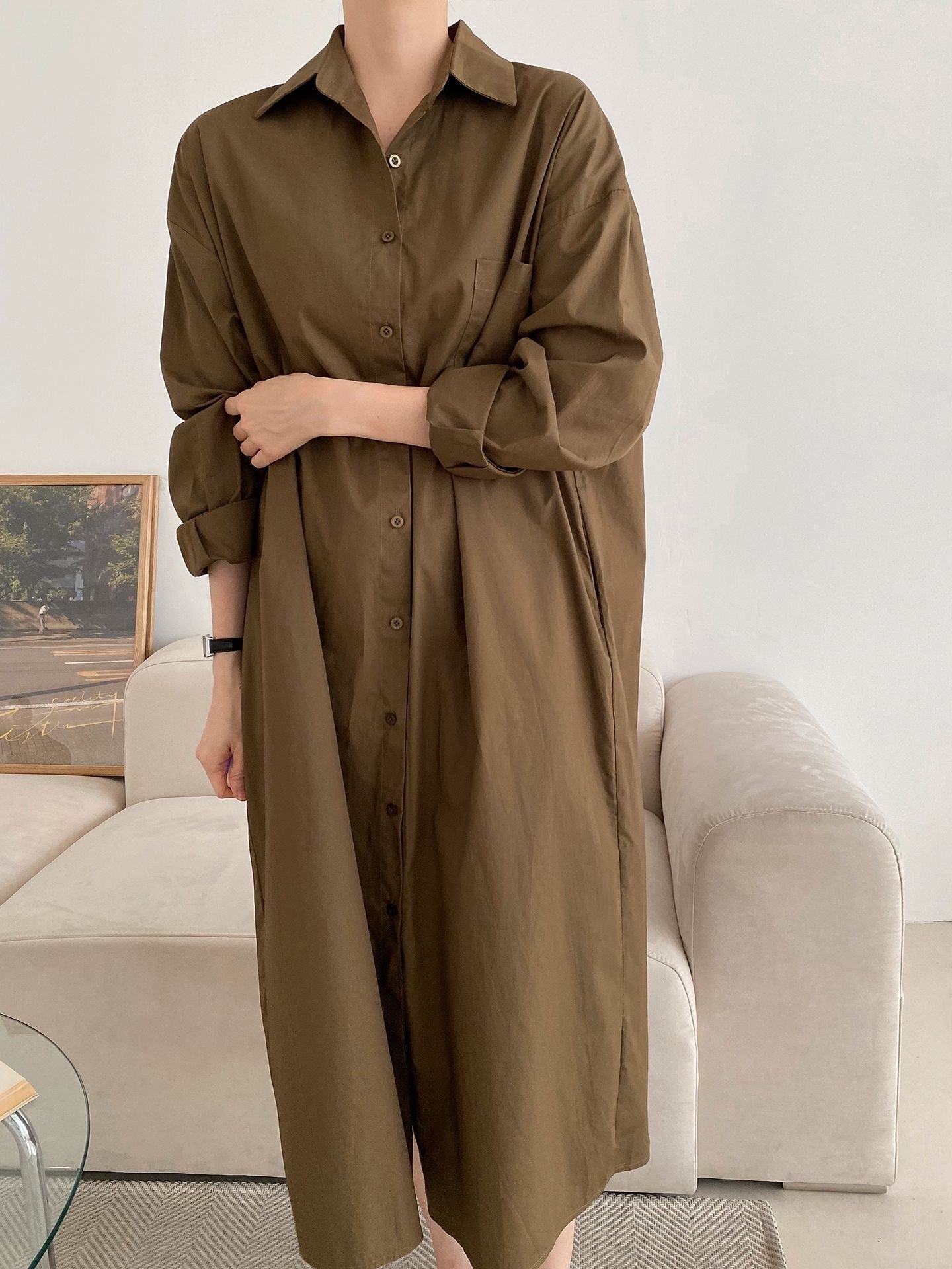 コットンオーバーサイズロング長袖ワンポケットボタンスリーブドロップショルダー無地シャツワンピースストラップ付 | 詳細画像29