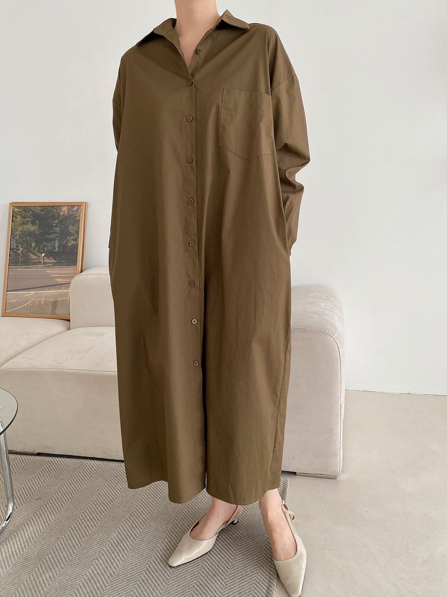 コットンオーバーサイズロング長袖ワンポケットボタンスリーブドロップショルダー無地シャツワンピースストラップ付 | 詳細画像30
