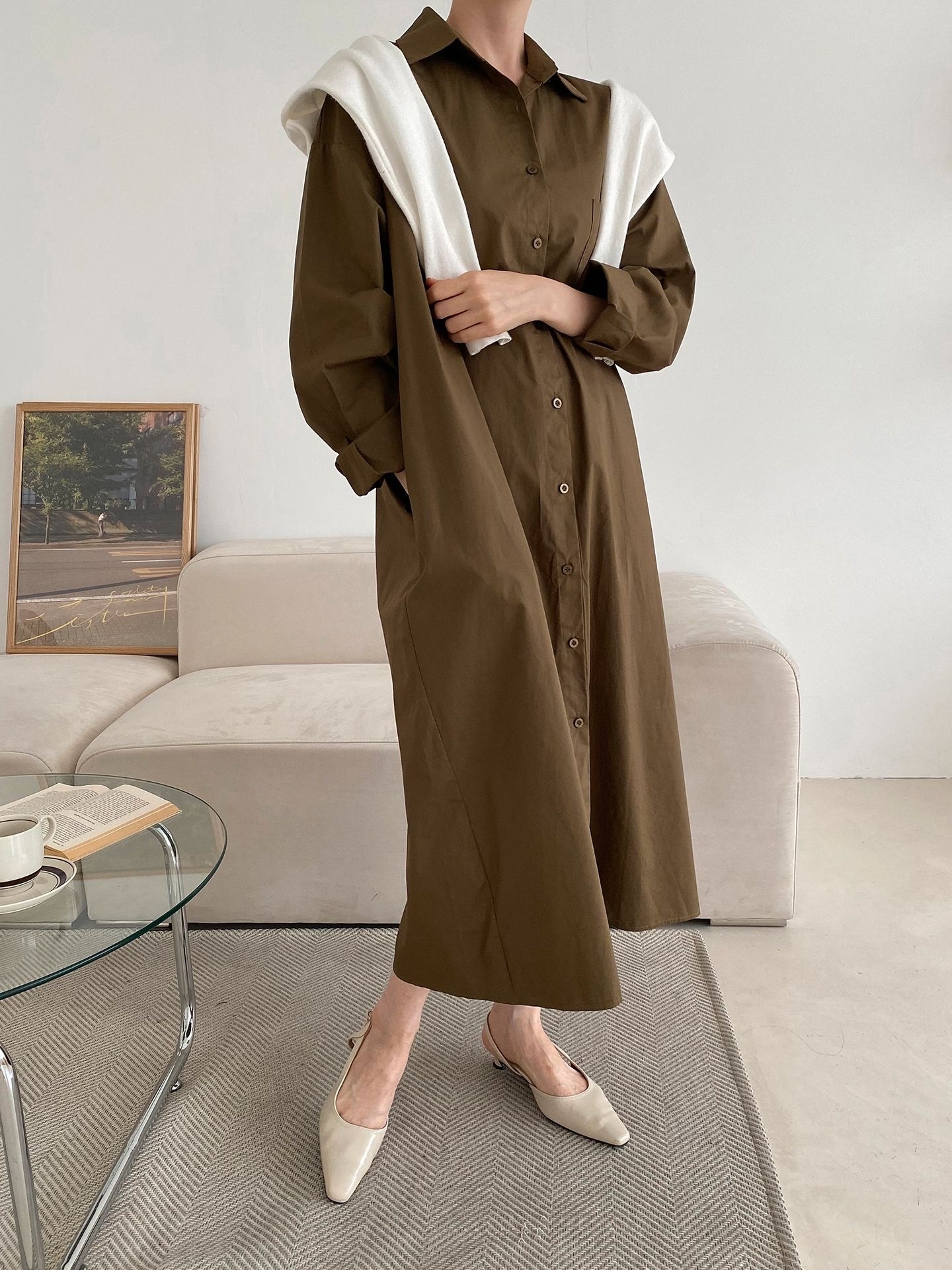 コットンオーバーサイズロング長袖ワンポケットボタンスリーブドロップショルダー無地シャツワンピースストラップ付 | 詳細画像31
