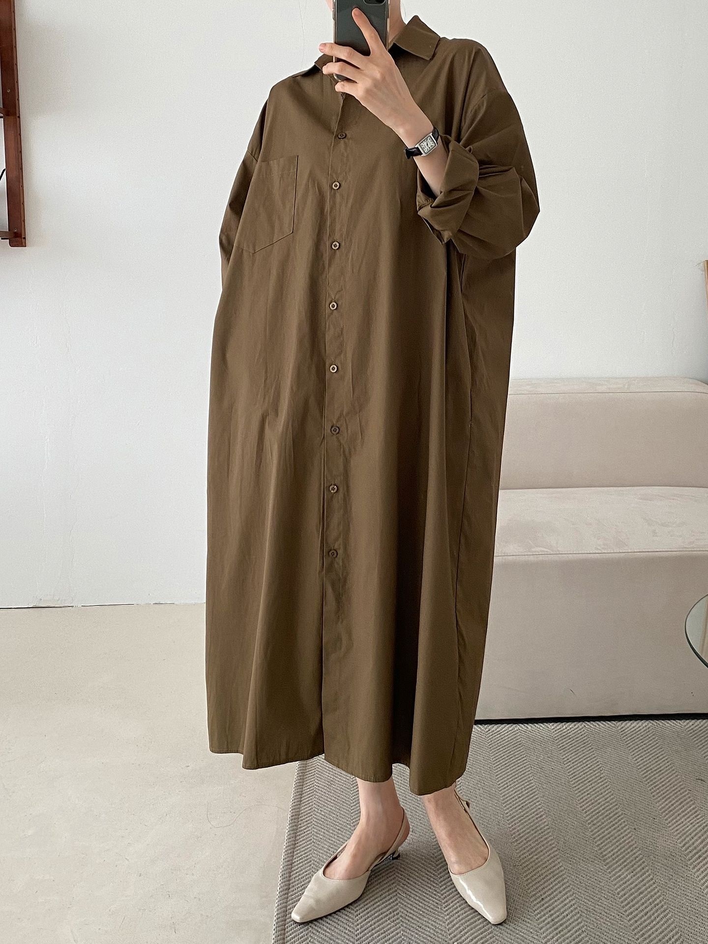 コットンオーバーサイズロング長袖ワンポケットボタンスリーブドロップショルダー無地シャツワンピースストラップ付 | 詳細画像33