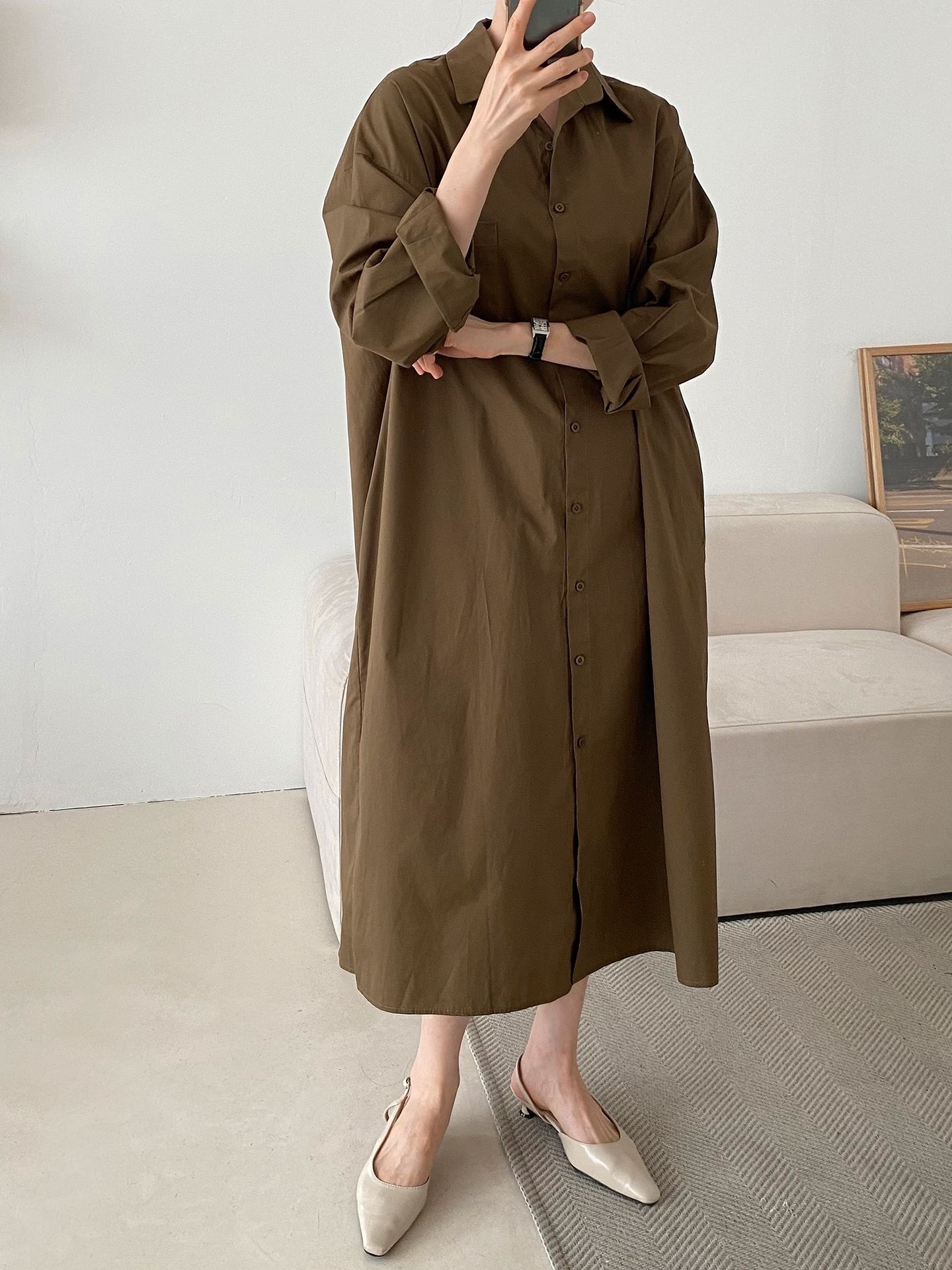 コットンオーバーサイズロング長袖ワンポケットボタンスリーブドロップショルダー無地シャツワンピースストラップ付 | 詳細画像34