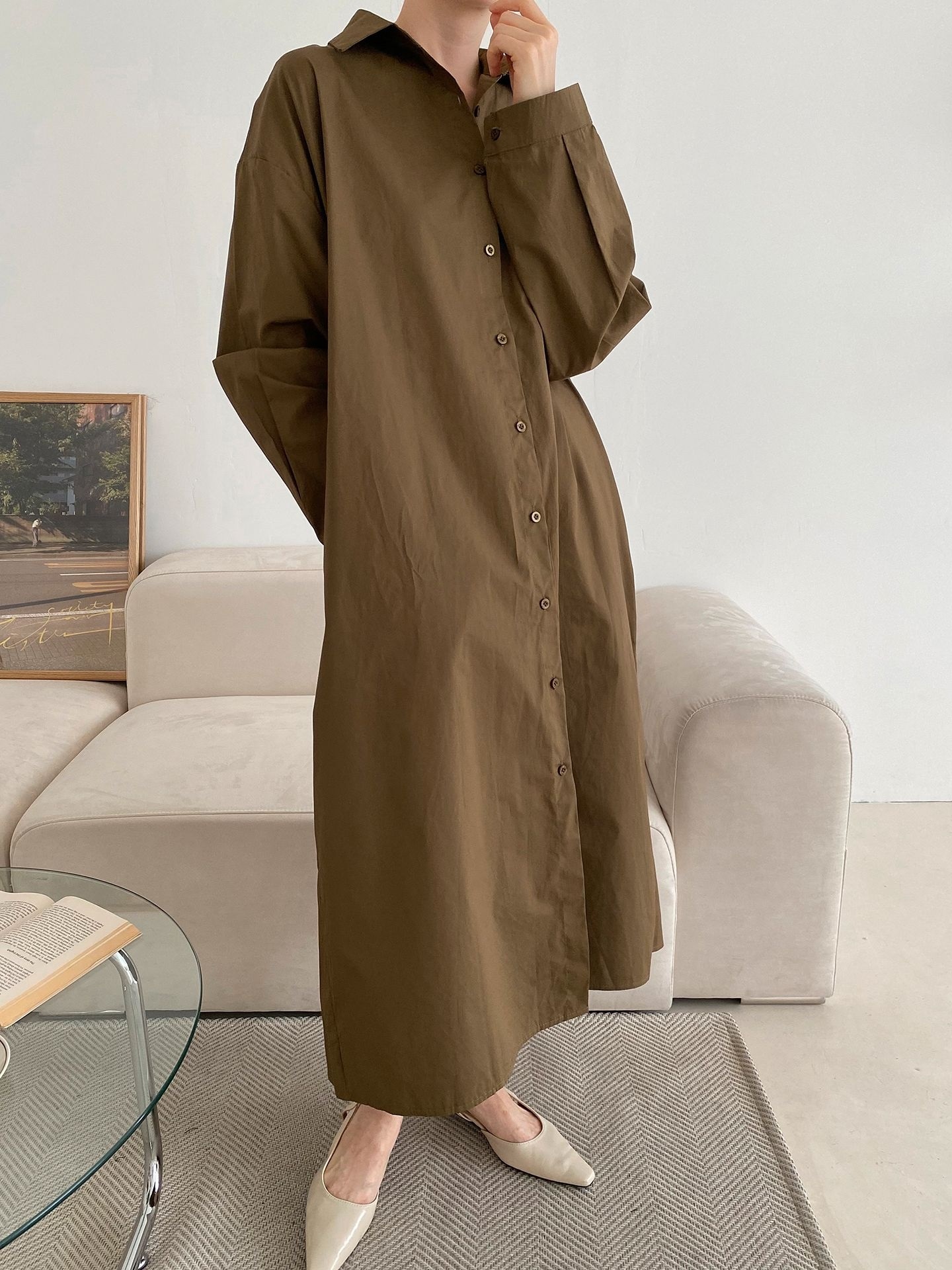 コットンオーバーサイズロング長袖ワンポケットボタンスリーブドロップショルダー無地シャツワンピースストラップ付 | 詳細画像35