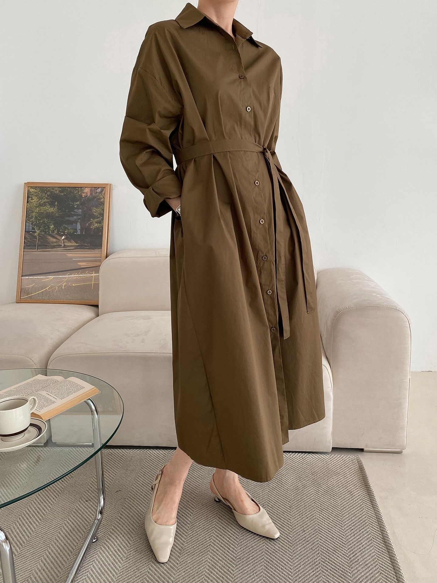 コットンオーバーサイズロング長袖ワンポケットボタンスリーブドロップショルダー無地シャツワンピースストラップ付 | 詳細画像37