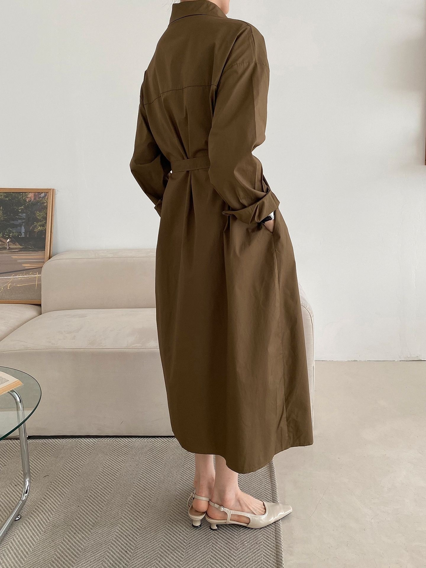 コットンオーバーサイズロング長袖ワンポケットボタンスリーブドロップショルダー無地シャツワンピースストラップ付 | 詳細画像38