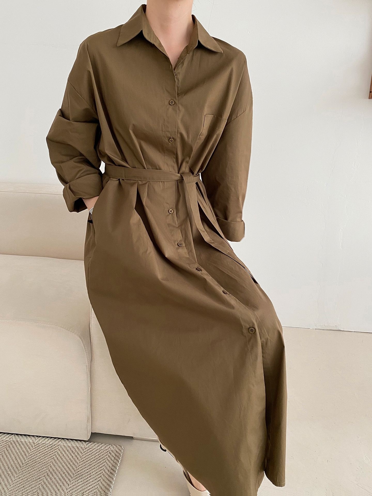 コットンオーバーサイズロング長袖ワンポケットボタンスリーブドロップショルダー無地シャツワンピースストラップ付 | 詳細画像39