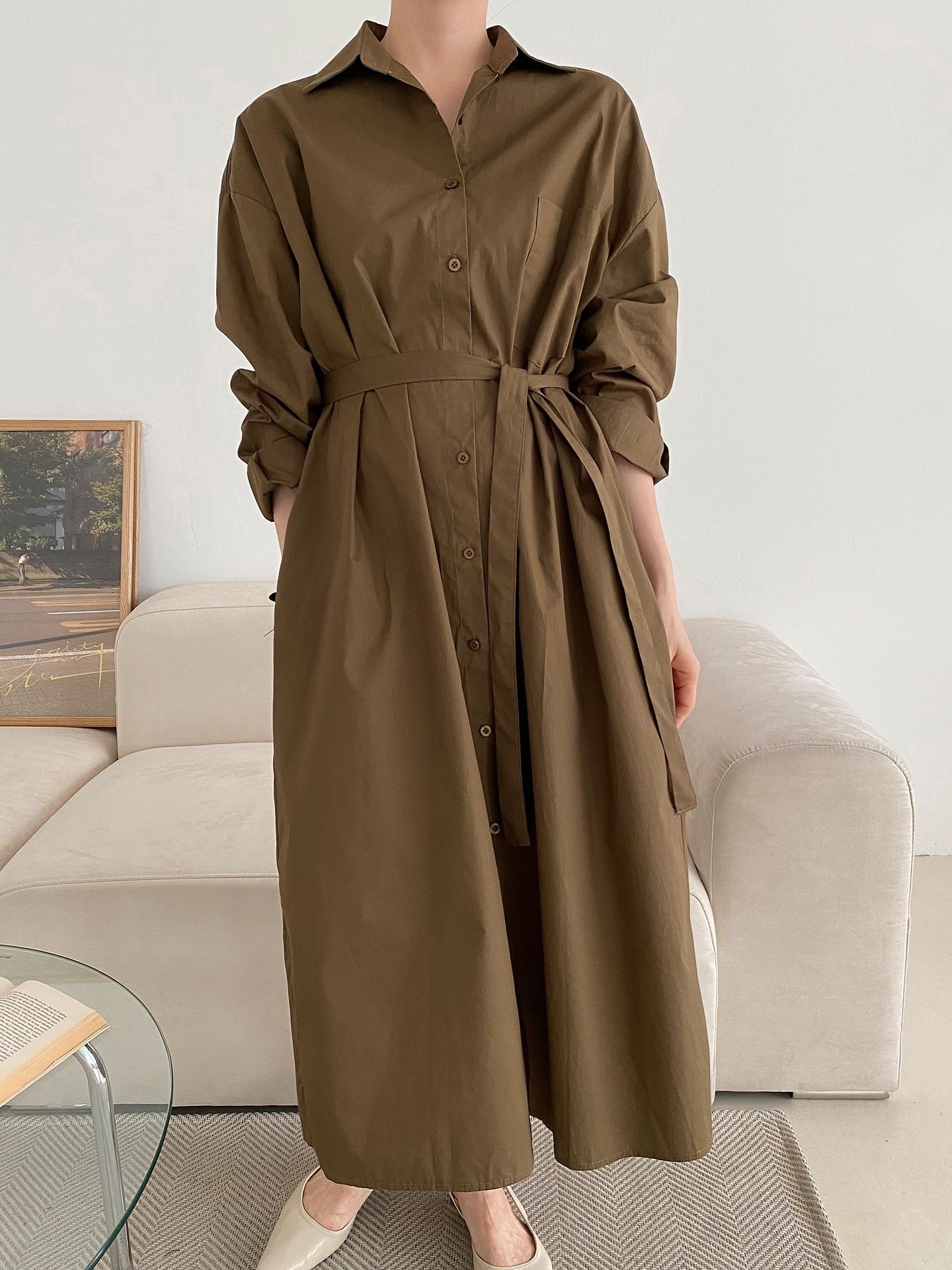 コットンオーバーサイズロング長袖ワンポケットボタンスリーブドロップショルダー無地シャツワンピースストラップ付 | 詳細画像41