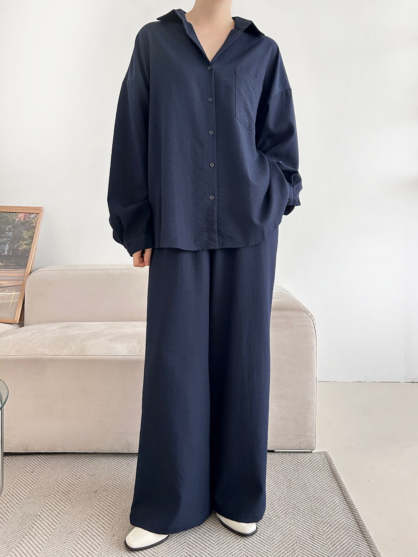 カラードローストリングウエストゴムオーバーサイズロングルーズワンポケットストレートワイドボタンスリーブドロップショルダー無地パンツ | 詳細画像5