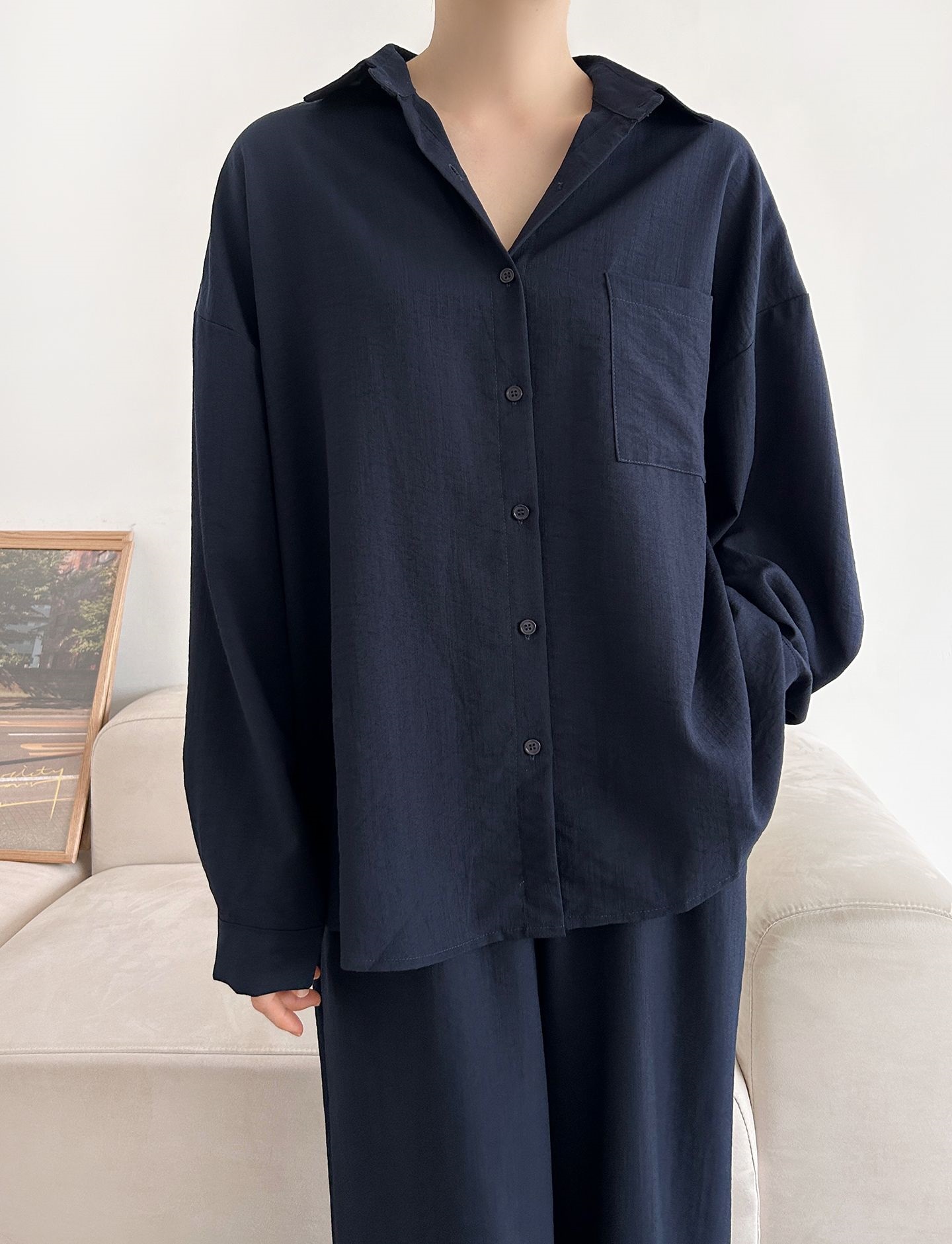 カラードローストリングウエストゴムオーバーサイズロングルーズワンポケットストレートワイドボタンスリーブドロップショルダー無地パンツ | 詳細画像9