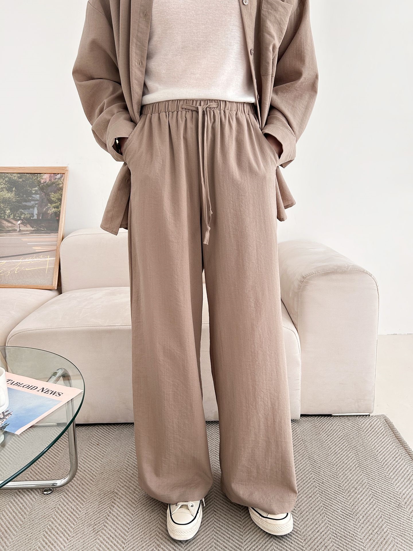 カラードローストリングウエストゴムオーバーサイズロングルーズワンポケットストレートワイドボタンスリーブドロップショルダー無地パンツ | 詳細画像13