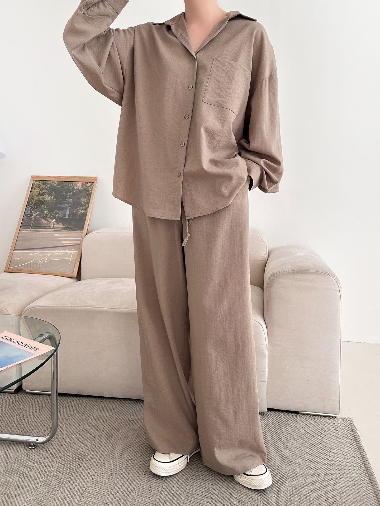 カラードローストリングウエストゴムオーバーサイズロングルーズワンポケットストレートワイドボタンスリーブドロップショルダー無地パンツ | 詳細画像15