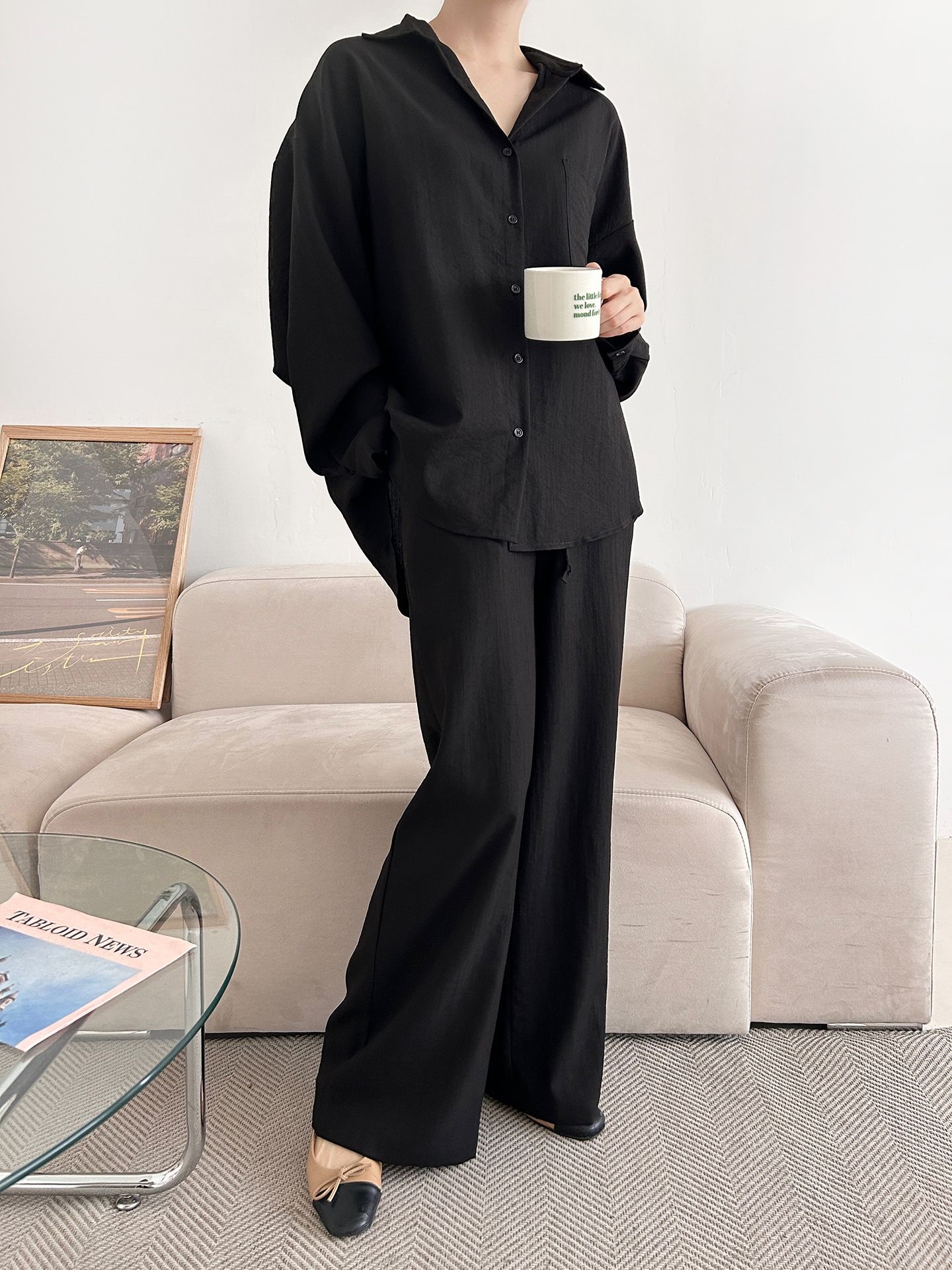 カラードローストリングウエストゴムオーバーサイズロングルーズワンポケットストレートワイドボタンスリーブドロップショルダー無地パンツ | 詳細画像33