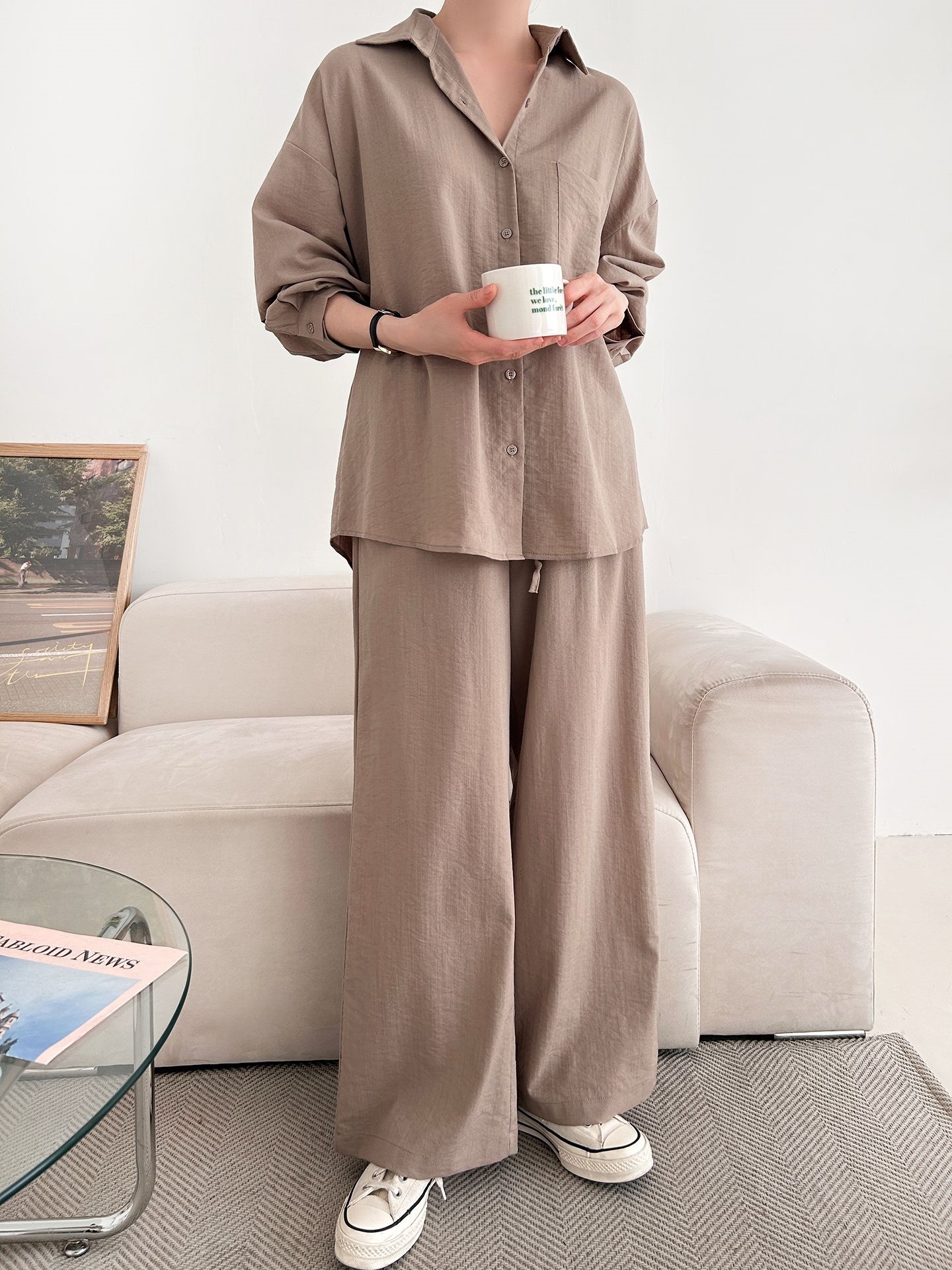 カラードローストリングウエストゴムオーバーサイズロングルーズワンポケットストレートワイドボタンスリーブドロップショルダー無地パンツ | 詳細画像17