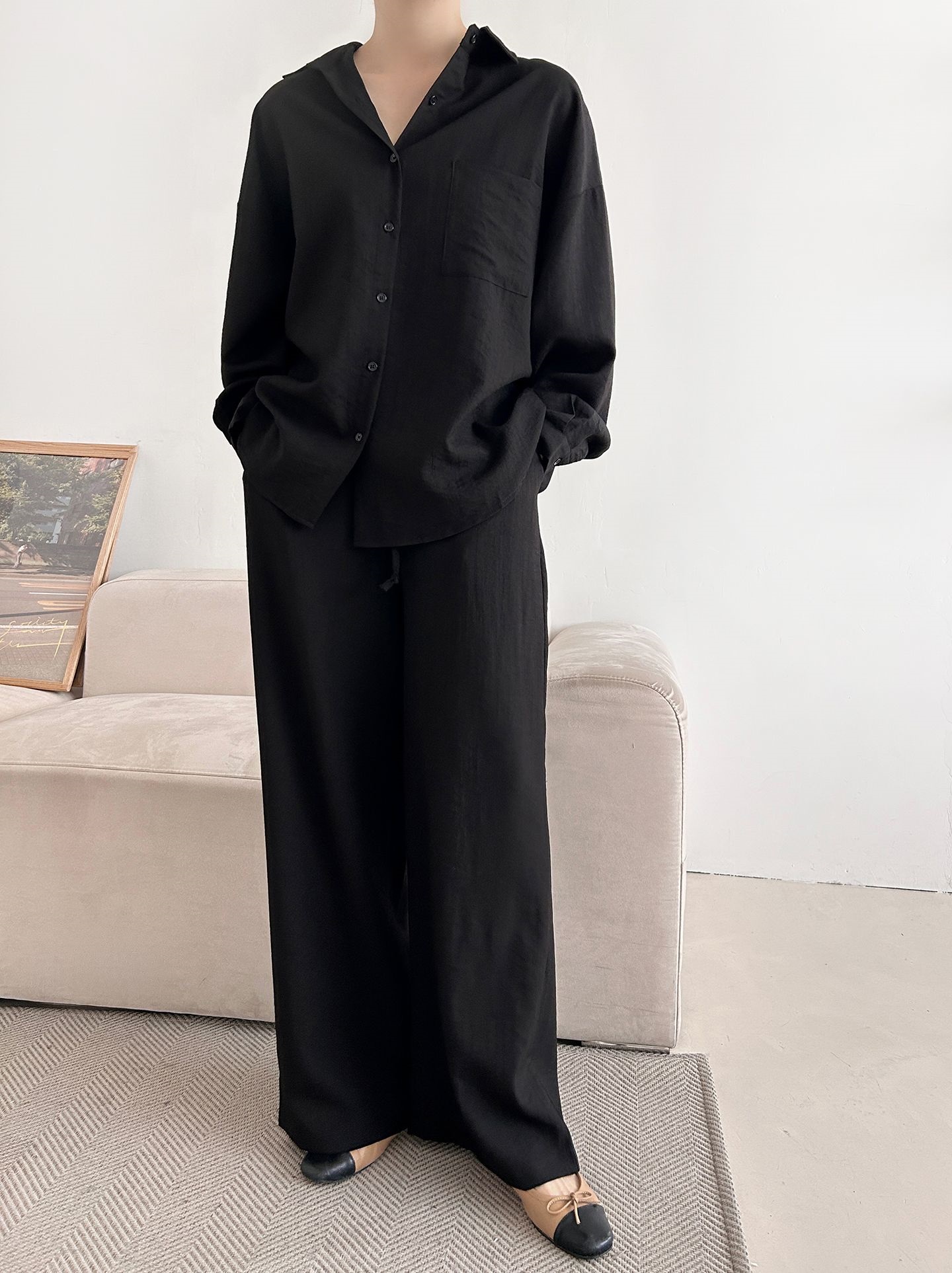 カラードローストリングウエストゴムオーバーサイズロングルーズワンポケットストレートワイドボタンスリーブドロップショルダー無地パンツ | 詳細画像28