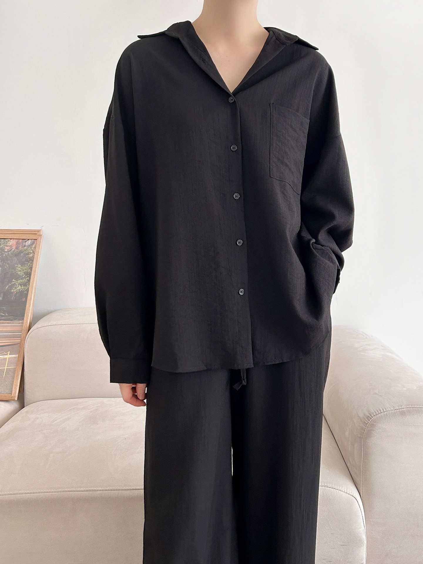 カラードローストリングウエストゴムオーバーサイズロングルーズワンポケットストレートワイドボタンスリーブドロップショルダー無地パンツ | 詳細画像31