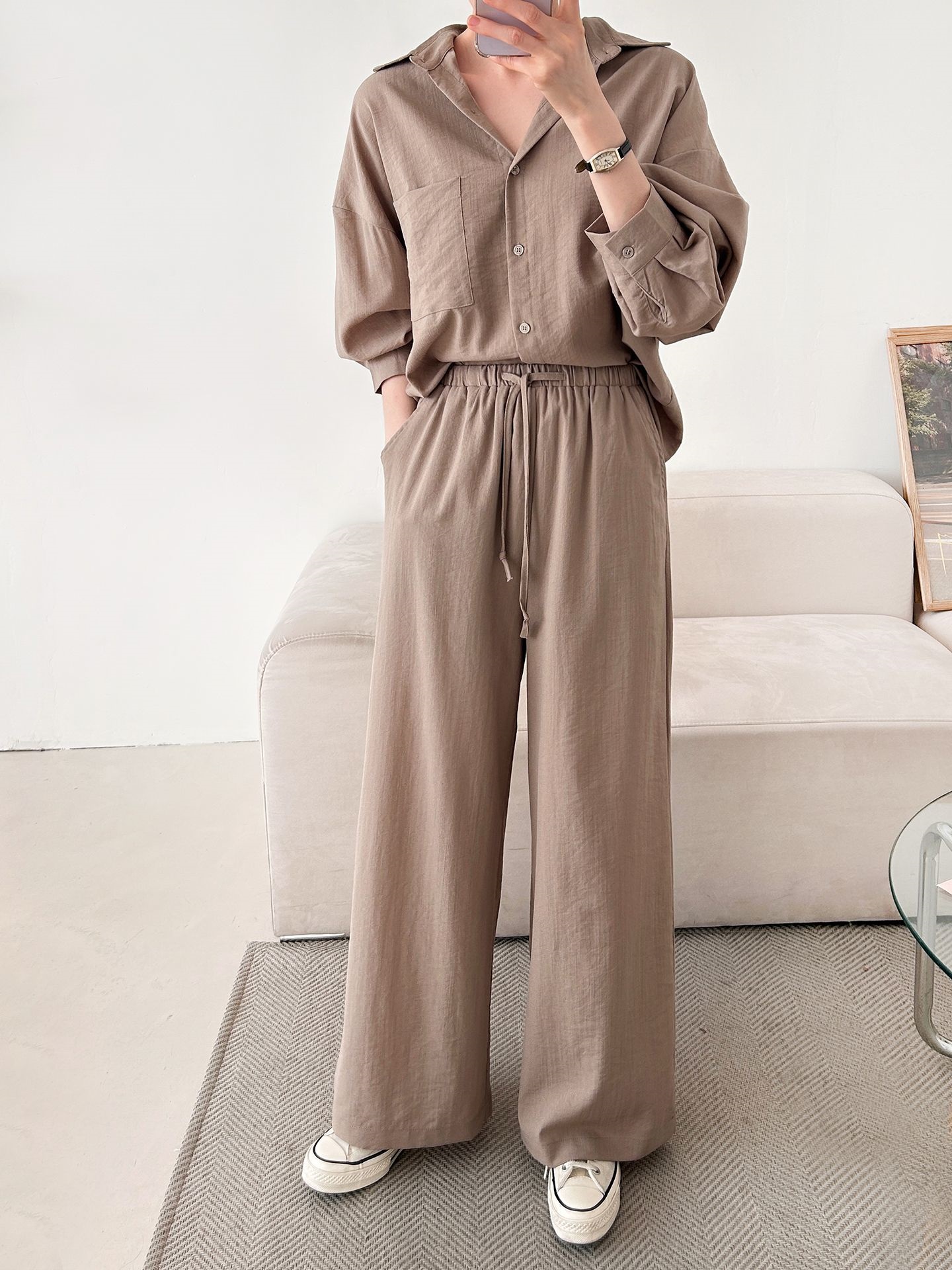 カラードローストリングウエストゴムオーバーサイズロングルーズワンポケットストレートワイドボタンスリーブドロップショルダー無地パンツ | 詳細画像16