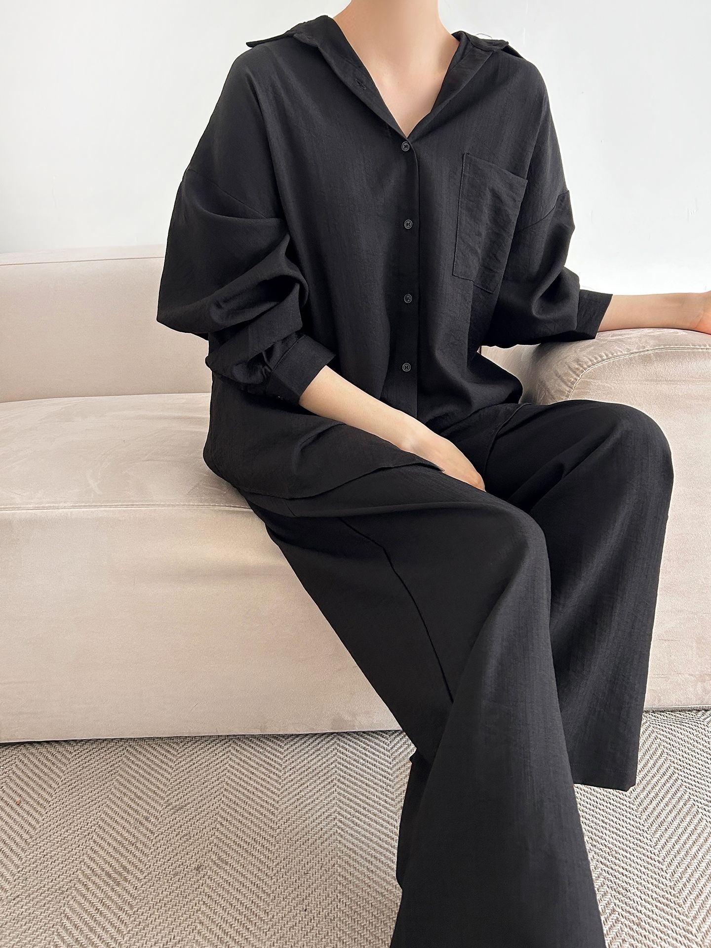 カラードローストリングウエストゴムオーバーサイズロングルーズワンポケットストレートワイドボタンスリーブドロップショルダー無地パンツ | 詳細画像34