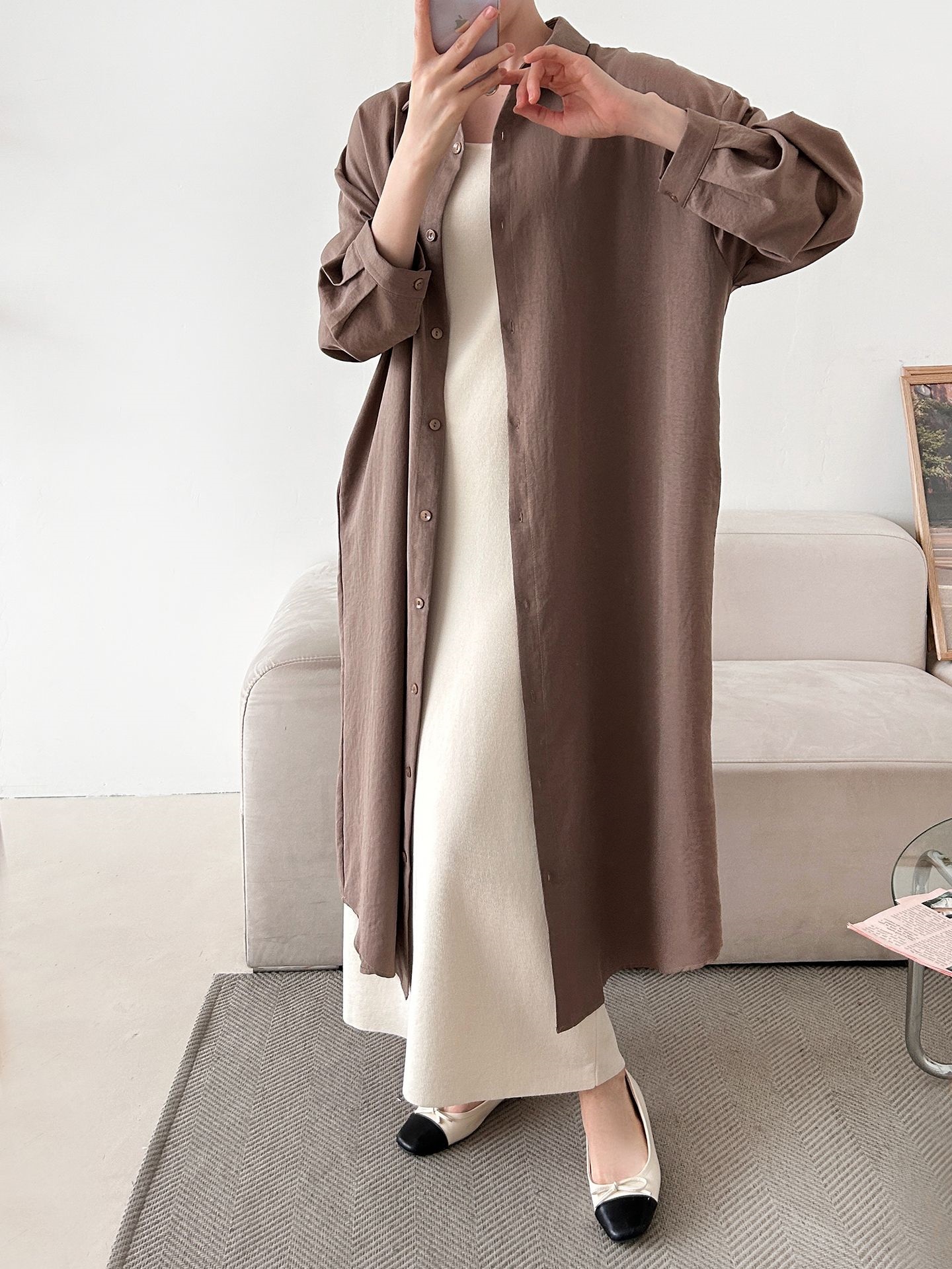 ボタンカラーオーバーサイズルーズ長袖ワンポケットドロップショルダー無地シャツワンピース | 詳細画像2