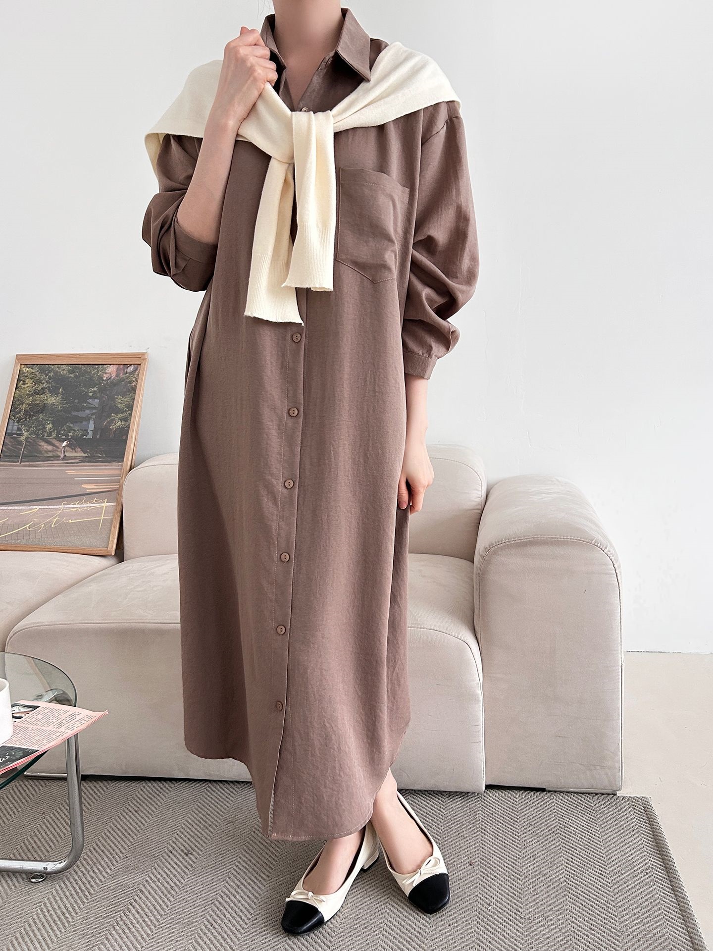 ボタンカラーオーバーサイズルーズ長袖ワンポケットドロップショルダー無地シャツワンピース | 詳細画像3