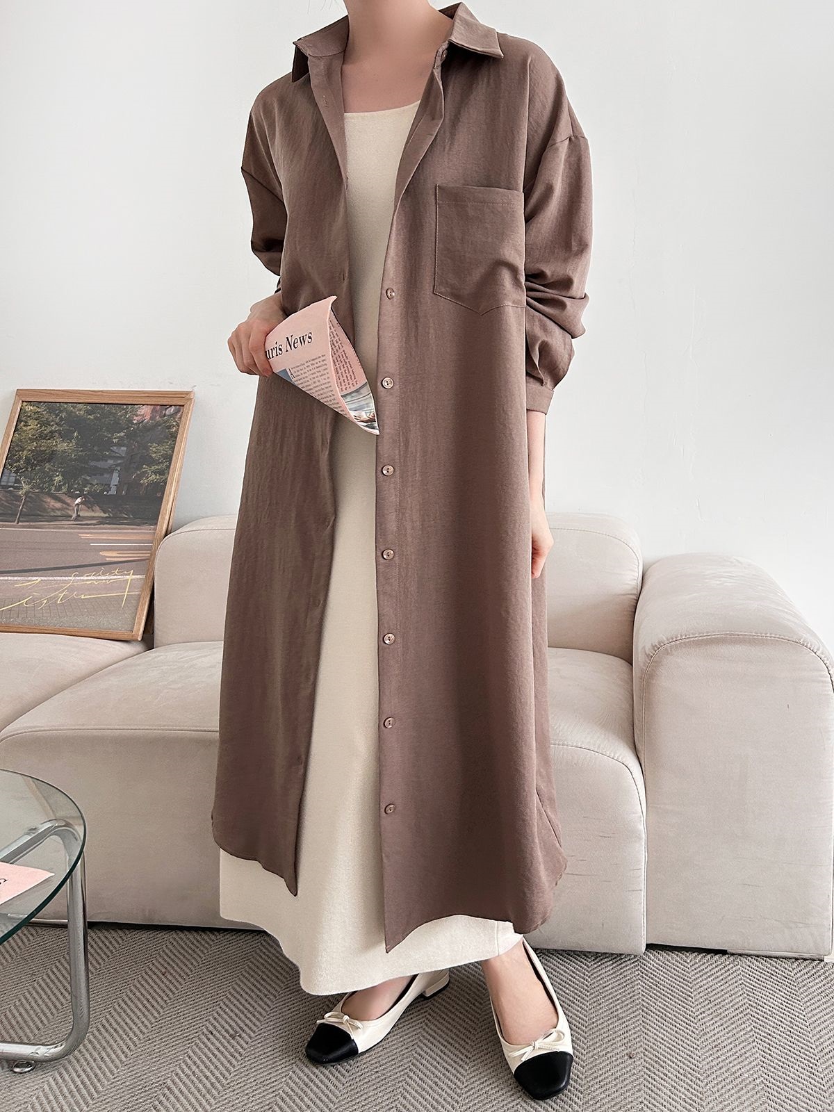 ボタンカラーオーバーサイズルーズ長袖ワンポケットドロップショルダー無地シャツワンピース | 詳細画像4