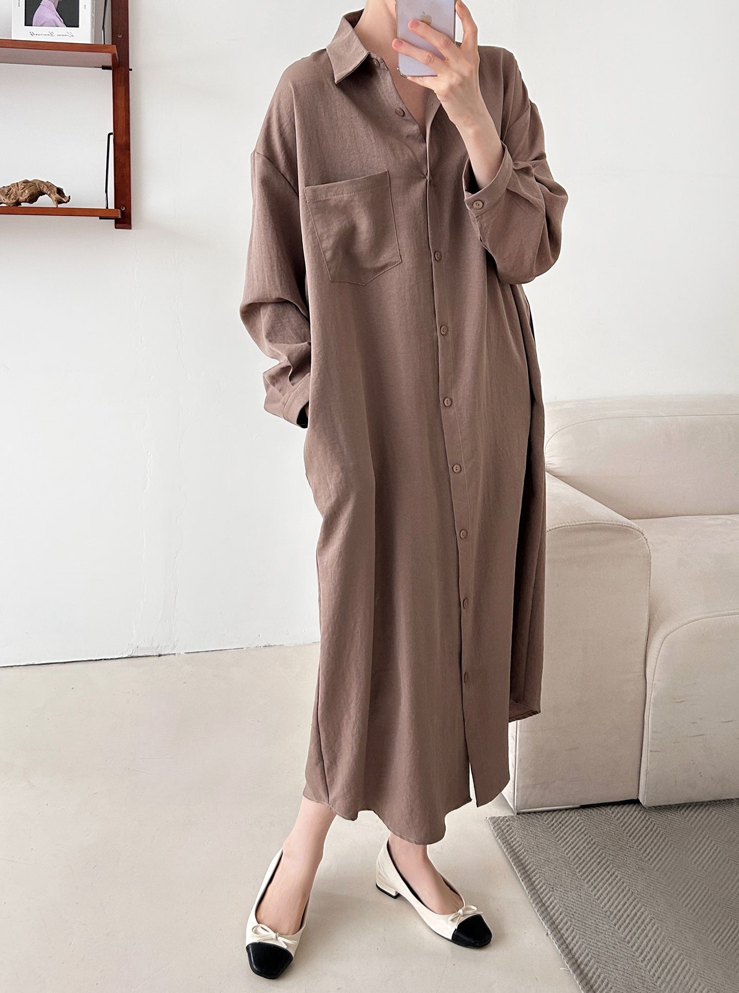 ボタンカラーオーバーサイズルーズ長袖ワンポケットドロップショルダー無地シャツワンピース | 詳細画像5