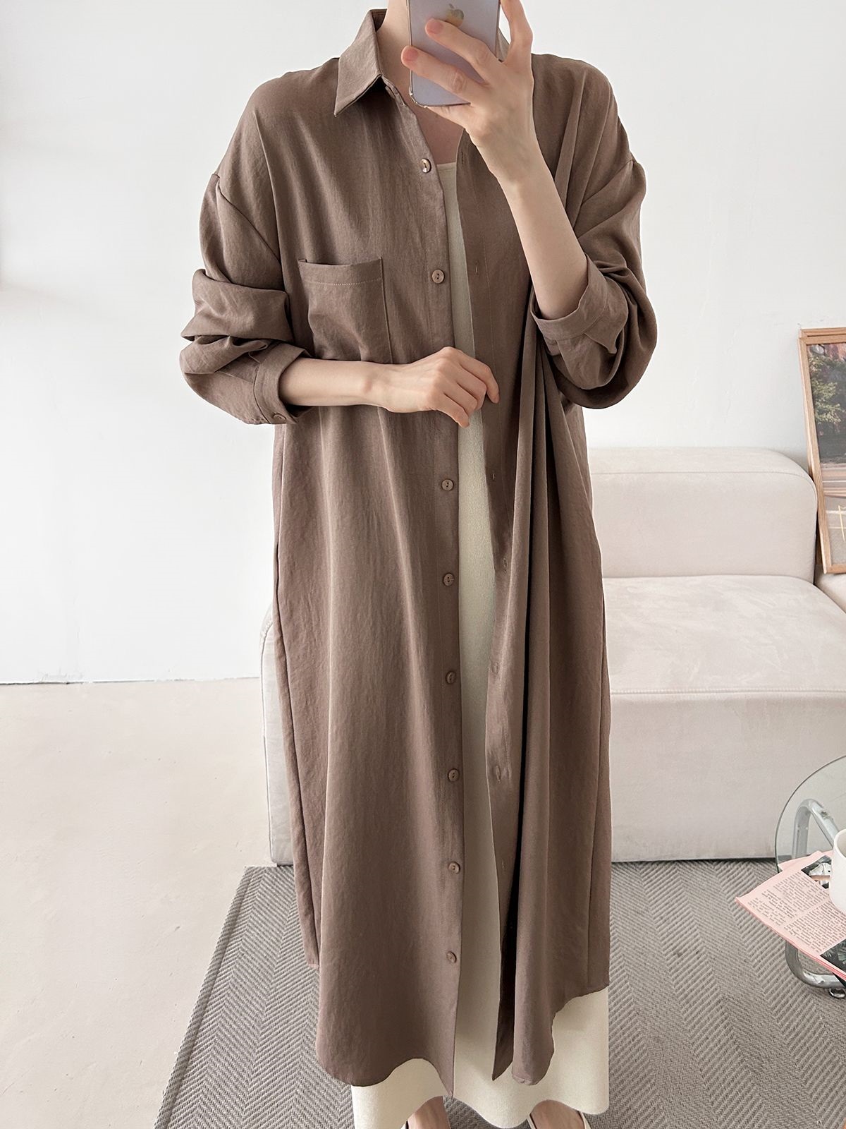 ボタンカラーオーバーサイズルーズ長袖ワンポケットドロップショルダー無地シャツワンピース | 詳細画像6